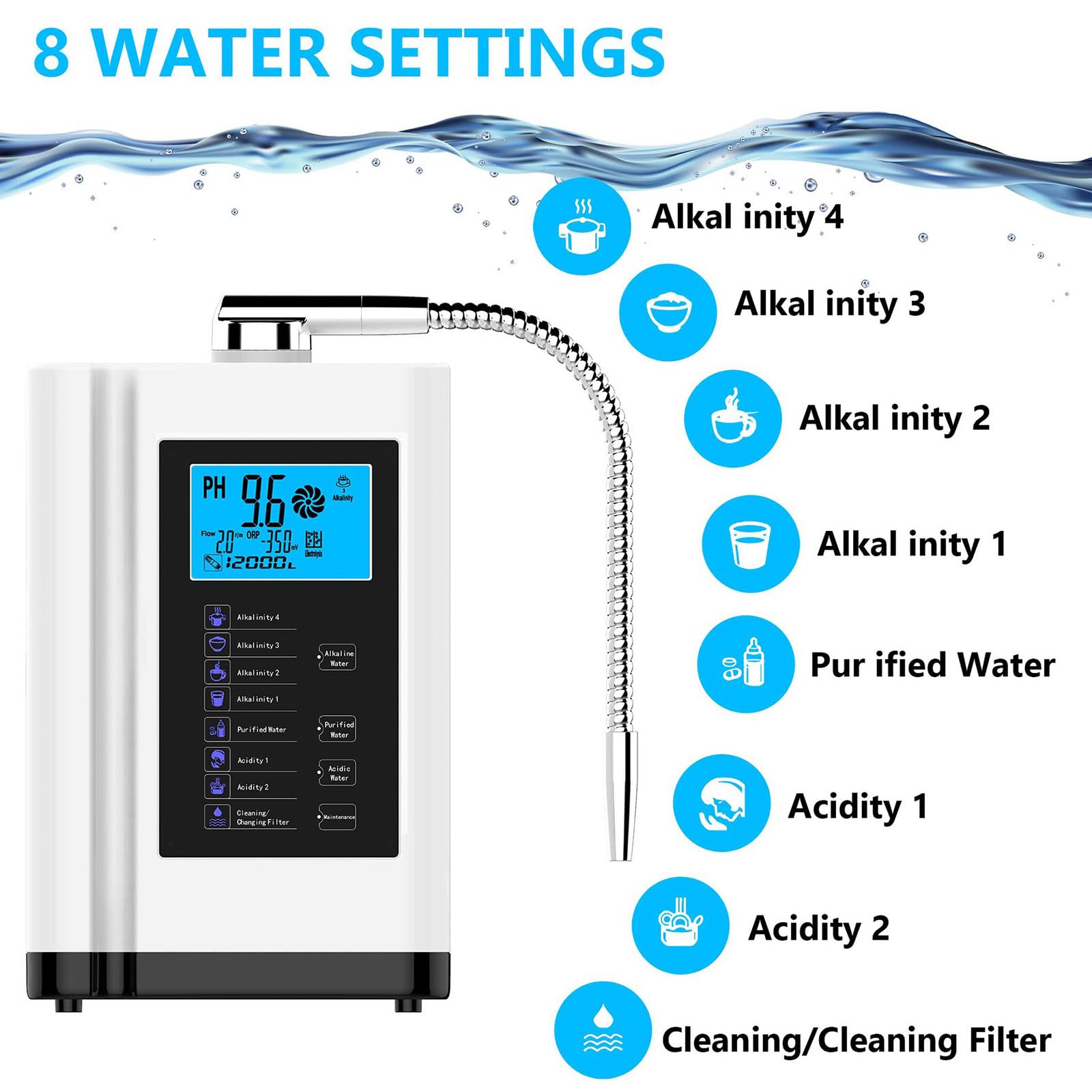 Filtro dell'Acqua, Macchina ionizzatore Acqua alcalina AG7.0, filtraggio dell'Acqua casa, Produce Acqua alcalina acida PH 3,5-10,5, Filtro per l'acqua Potabile acida alcalina Domestica,White