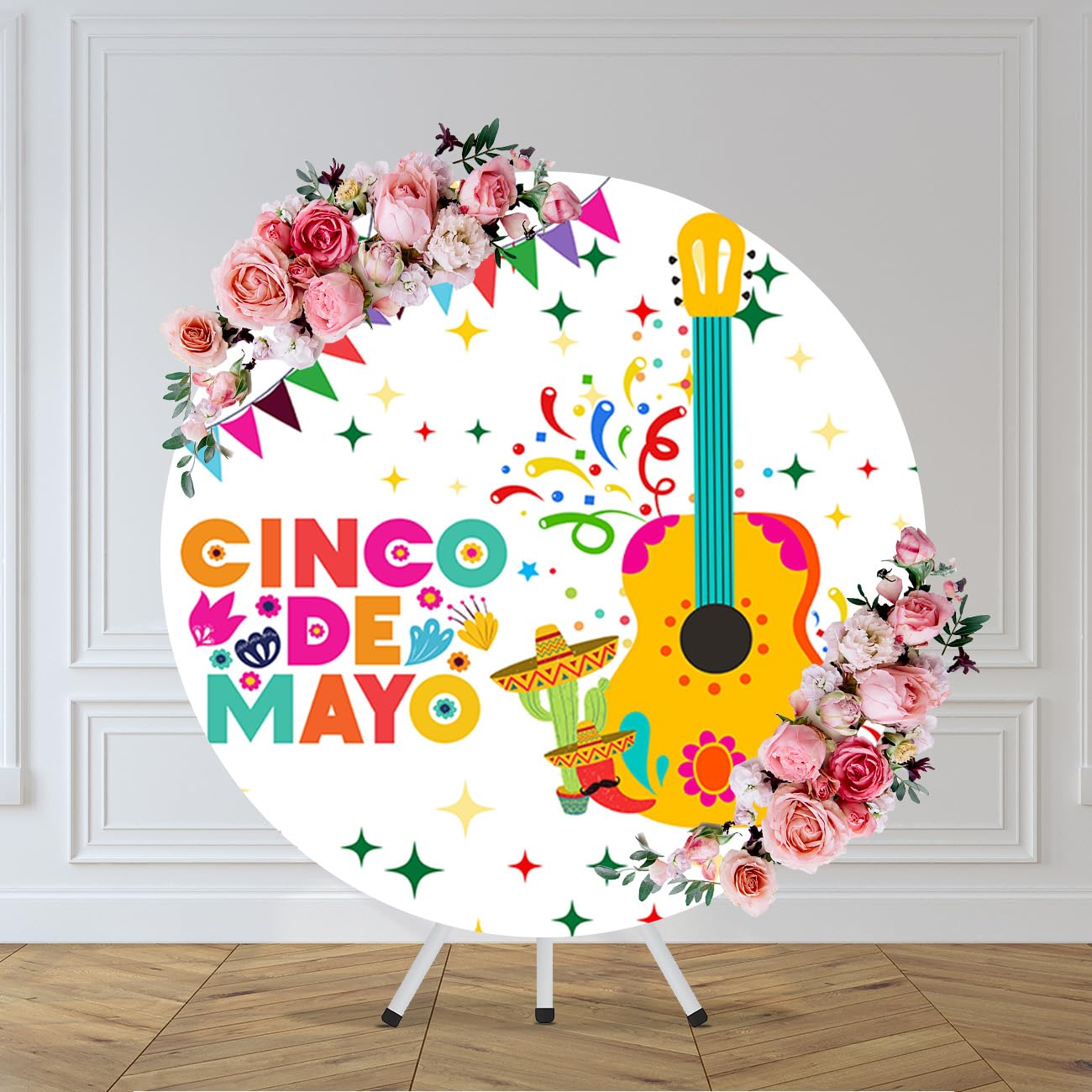 chnywork 7.2x7.2ft Cinco de Mayo Round Backdrop Cover Cactus Guitar Chili Mexican Hat Mexico Fiesta Carnival Party Circle Background Mexican Party
