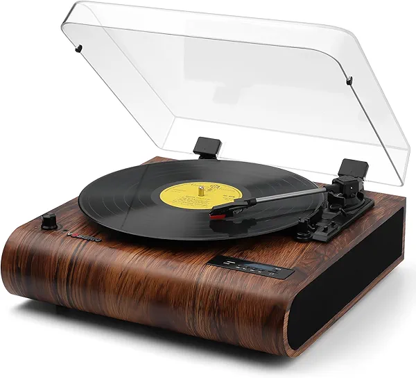VOSTERIO Bluetooth Record Player, 3 Speed Turntable with Built-in Speakers, Retro LP Vinyl Player with BT Input & Output, FM Radio, USB & SD Card Recording, Aux in, LED Display