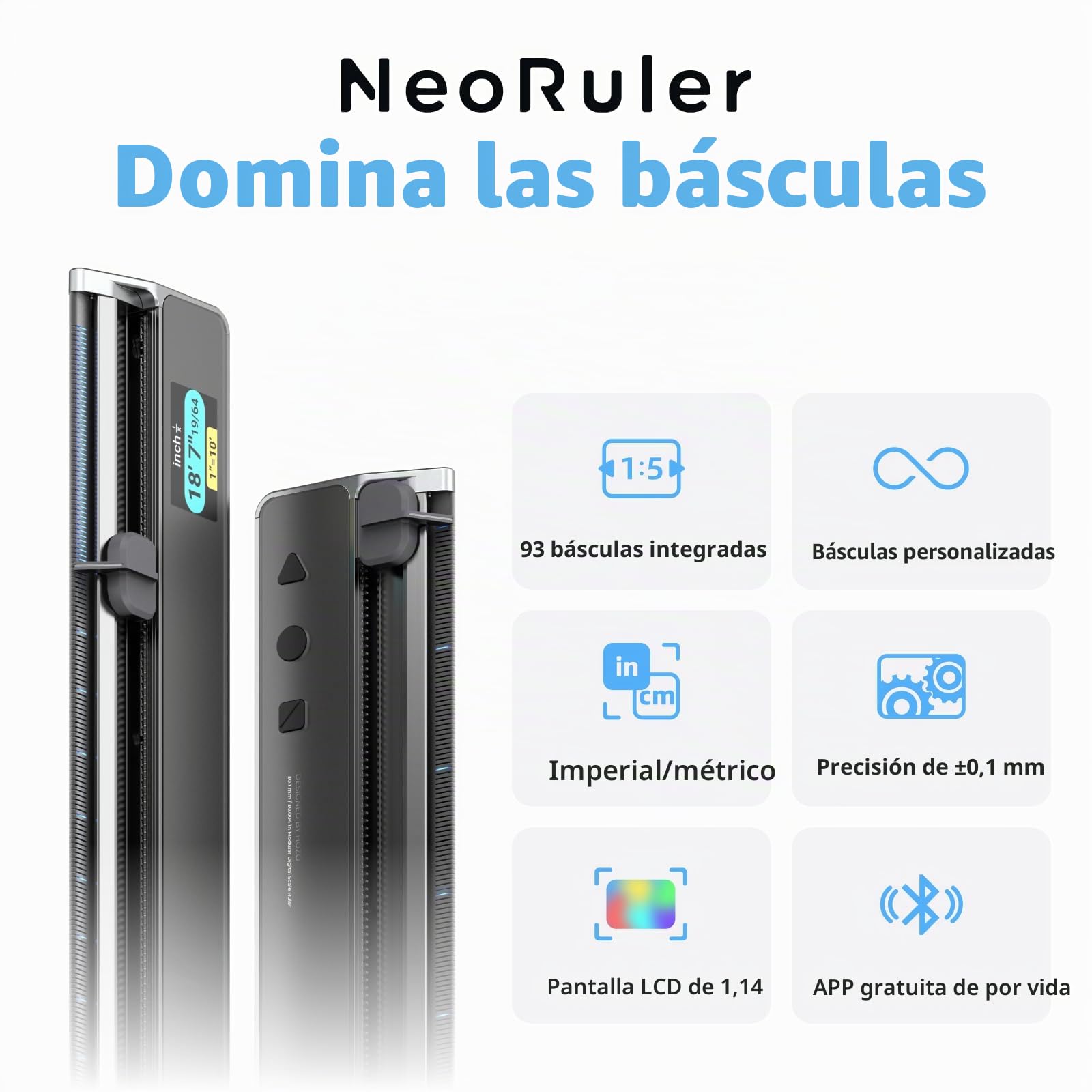HOZO NeoRuler Regla Digital, 30,5 cm, regla inteligente con escalas personalizables infinitas y precisión de ± 0,4 pulgadas, 93 escalas integradas en sistema imperial y métrico