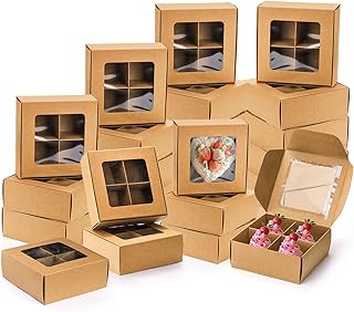 40 Pack Brown Bakery Boxes with Window and Dividers, 6 x 6 Inch Mini Pastry Boxes with 4 Compartments, Kraft Treats Gift Boxes with Inserts, Cupcake Packaging Containers for Pastries Biscuits