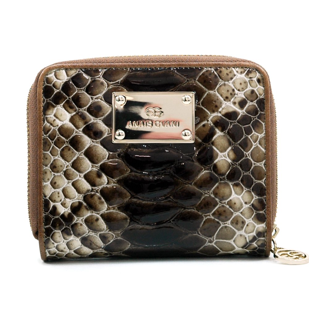 Anais Gvani By Dasein Women Italian Genuine Leather Block-Color Zip-Around  Wallet (E004-503-Snake Skin Embossed Dark Brown)