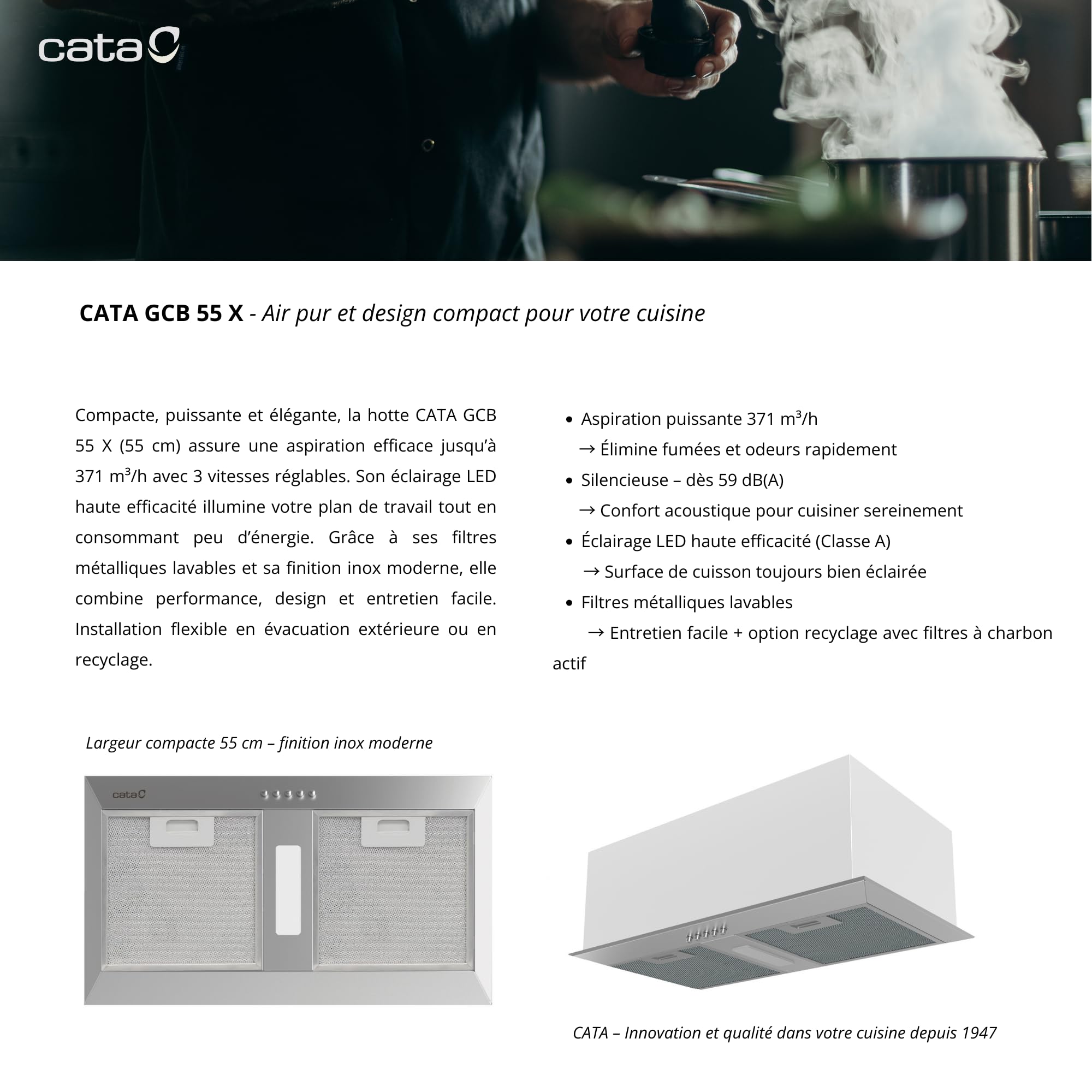 CATA GCB 55 X Dunstabzugshaube Einbau-Gruppenlüfter 55 cm Edelstahl 3 Leistungsstufen LED-Beleuchtung 371 m³/h Energieklasse C