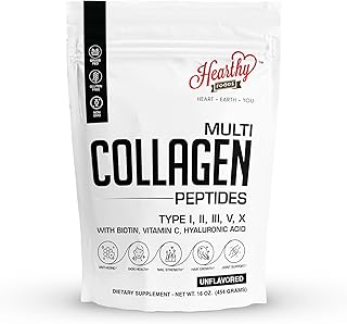 HEARTHY FOODS Multi Collagen Protein Powder 16oz - 45 Servings | 5 Types I, II, III, V, X | Grass-Fed, Halal, Kosher | with Biotin, Hyaluronic Acid & Vitamin C | | Unflavored