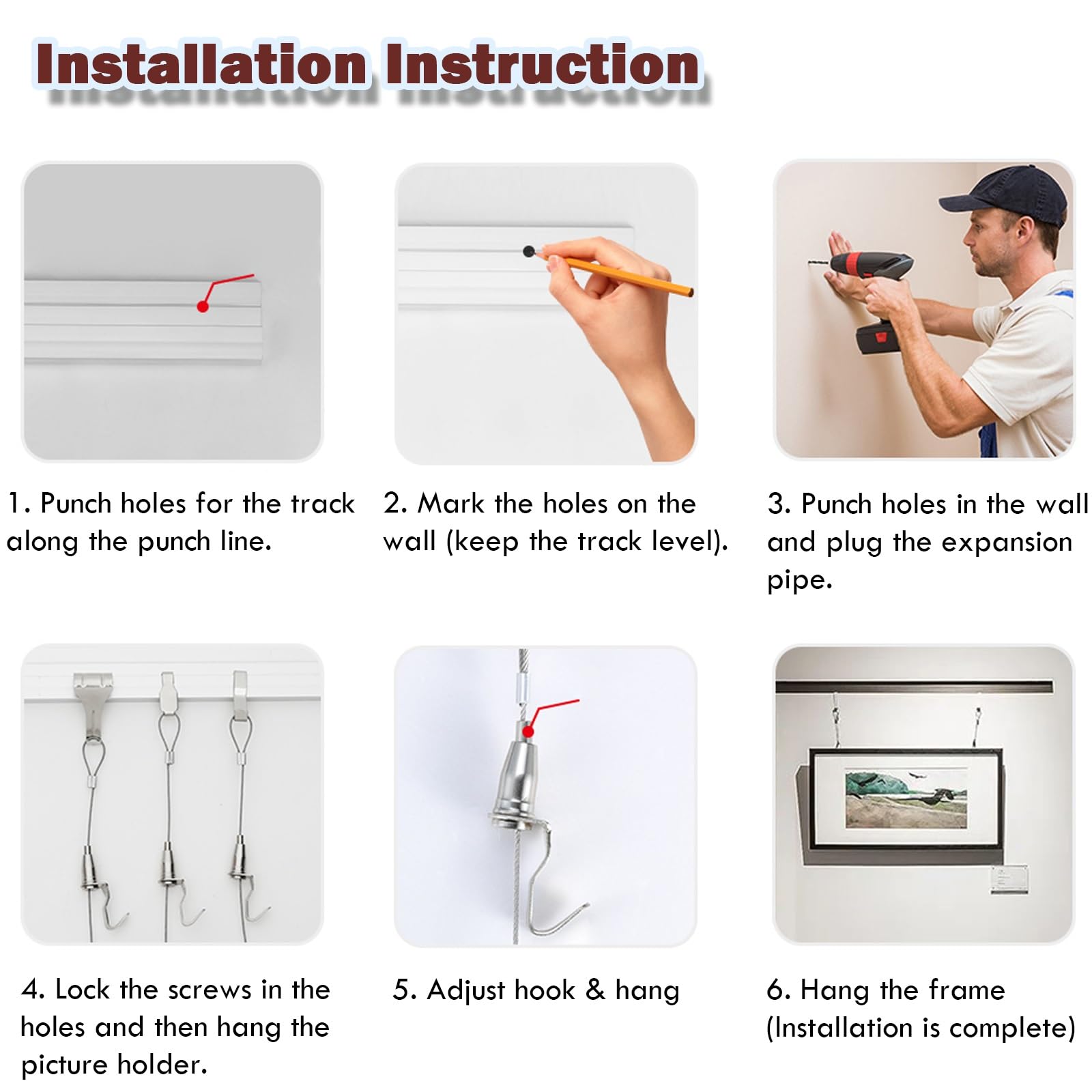 Kit de sistema colgante con riel de aluminio, cables de acero y ganchos ajustables para oficina y exhibición de obras de arte