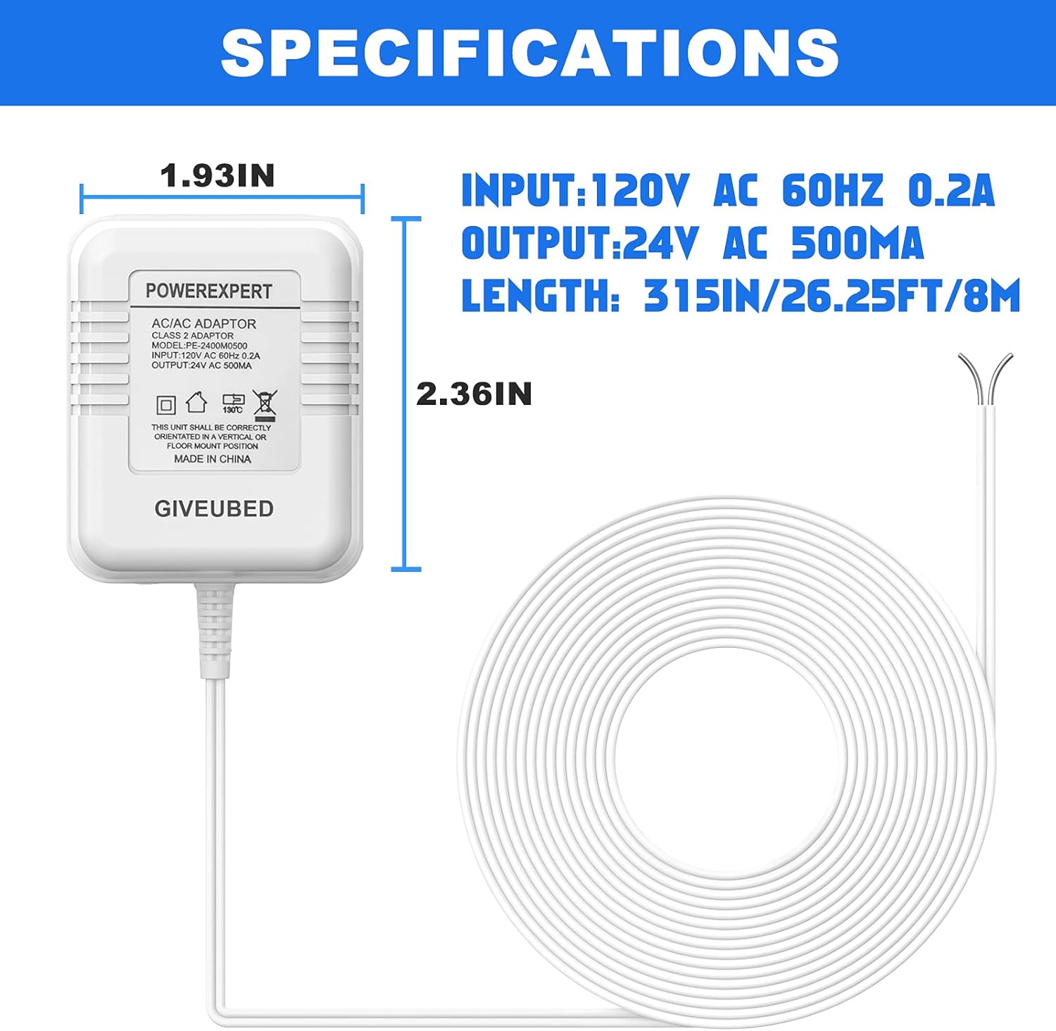 Doorbell Transformer, AC 24V Power Supply for Doorbell, C Wire Thermostat Power Adapter, 315" Long Cable Power Supply - - 