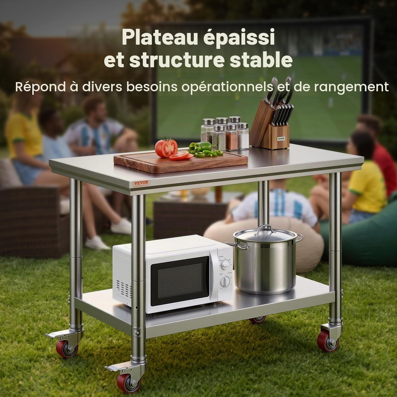 VEVOR Table de Travail Cuisine 90 x 60 x 85 cm, Table de Travail INOX avec roulettes et Freins, Capacité de Charge Totale 204 kg pour Préparation des Aliments aux Restaurant