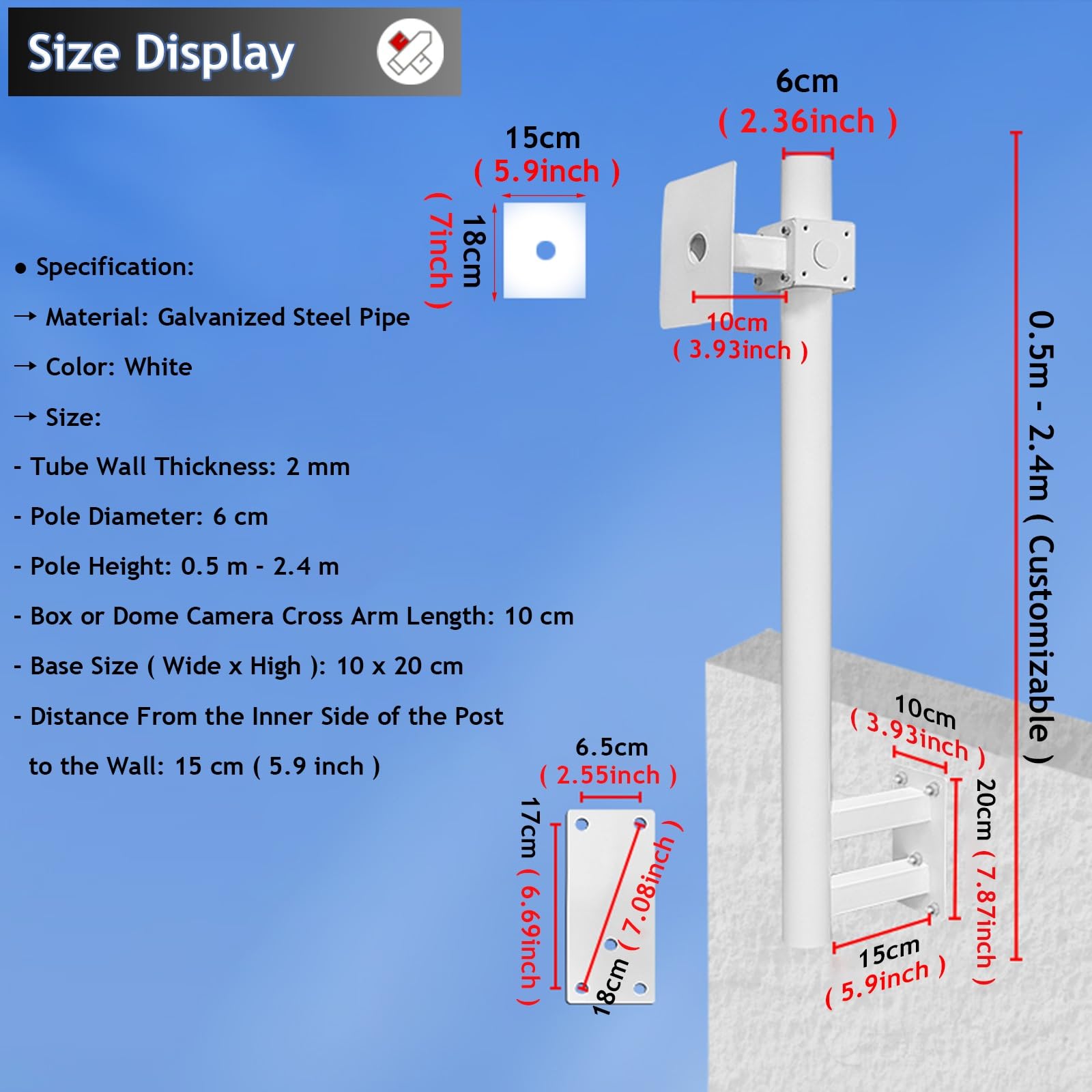 Poste universal de pared para cámaras de seguridad, soporte de cámara de vigilancia, poste de tubo de acero galvanizado de 50-230 cm