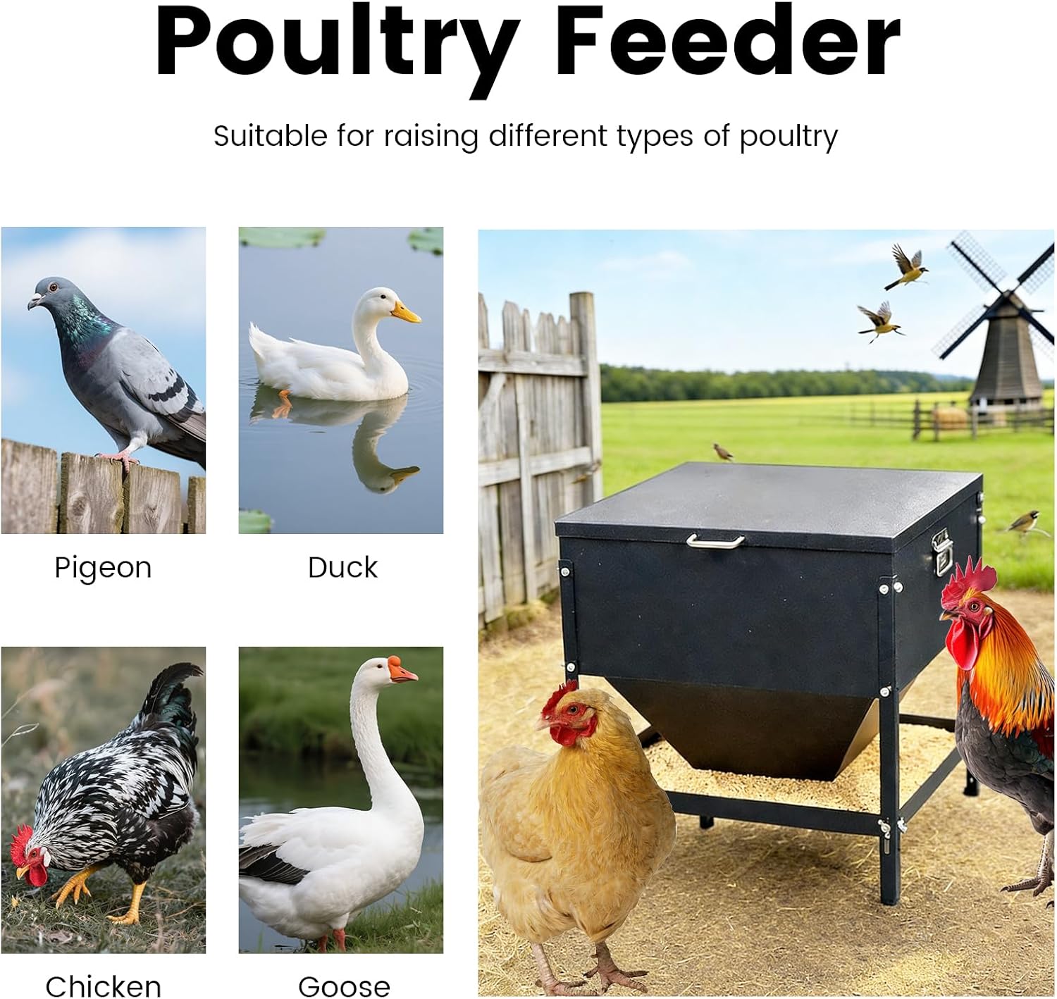 All Metal Chicken Feeding with Waterproof Lid and Handle，Adjustable 80 lbs Large Capacity No Waste Portable Automatic Chicken Feeder,for Chickens and Duck Poultry and Other Birds