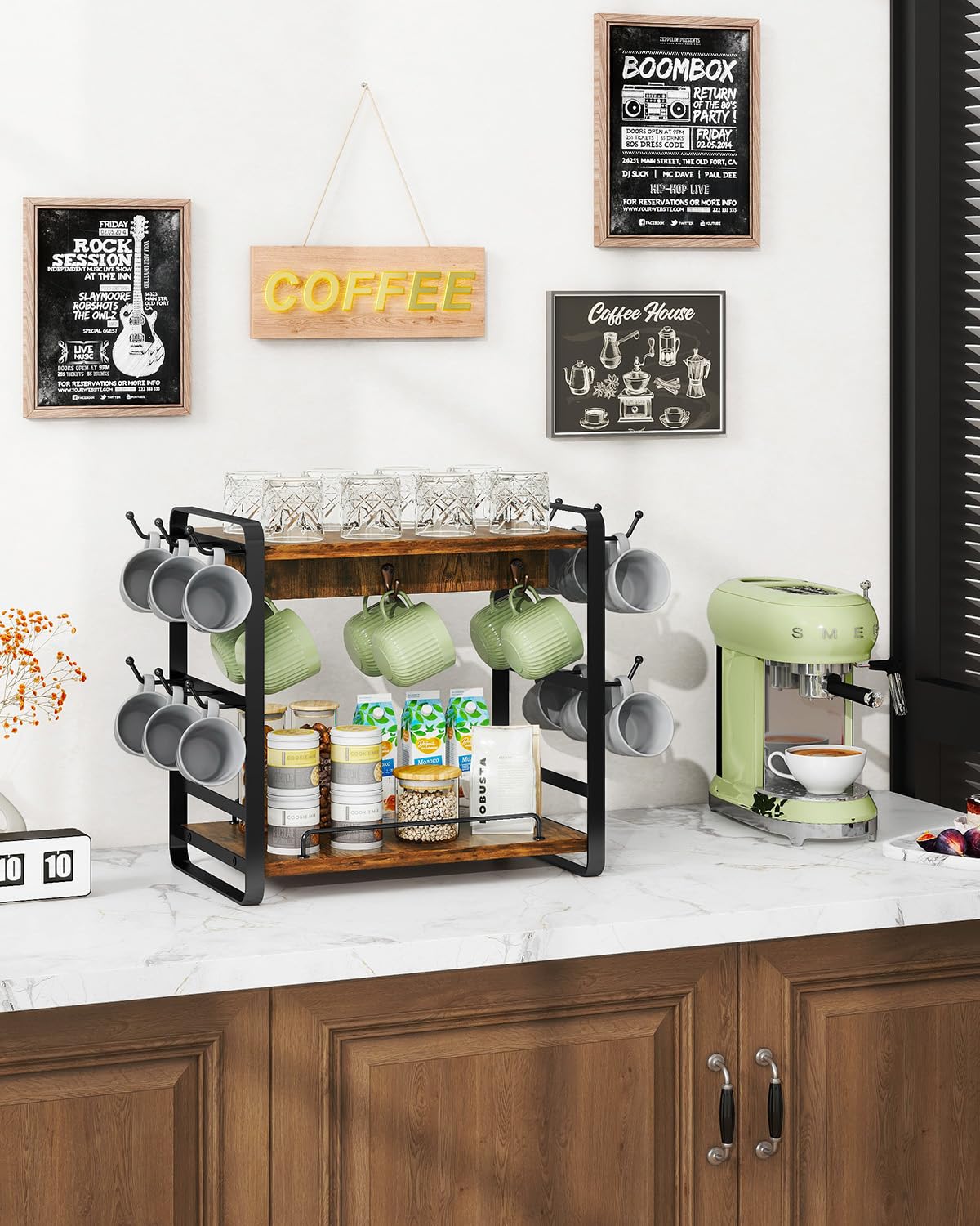 IBUYKE Organizer Caffe Portatazze da Appoggio, 2 Livelli di Supporto per Tazze da Cucina, Porta Tazzine da Caffè di Legno Con 18 Ganci,Organizer Tazze per Cucina,Ufficio,Marrone TBJ006H