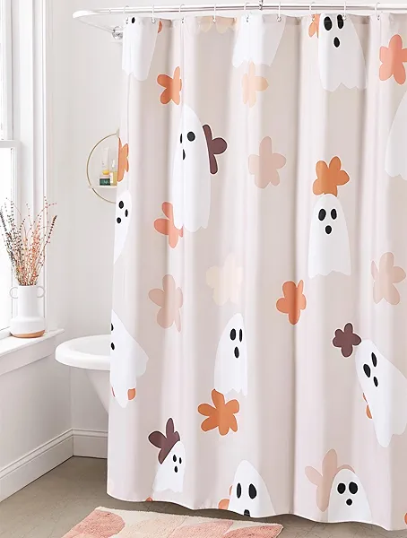 Floral Ghost Bathroom Shower Curtain Set with Hooks, 180GSM Heavy Duty Fabric Shower Curtains, 72 x 72 Cute Boho Abstract Spooky Halloween Shower Curtain for Bathroom Halloween Aesthetic Decor
