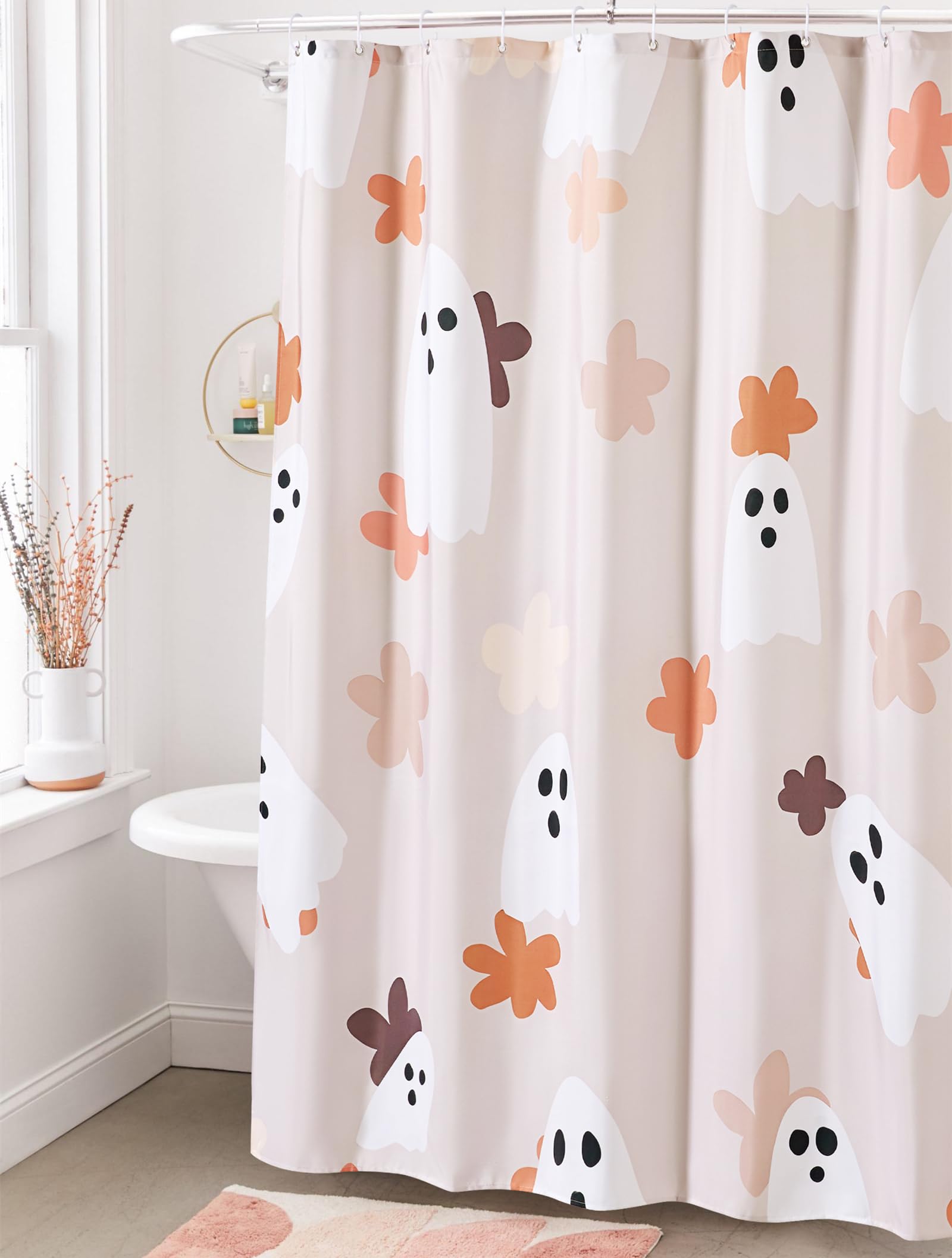 Floral Ghost Bathroom Shower Curtain Set with Hooks, 180GSM Heavy Duty Fabric Shower Curtains, 72 x 72 Cute Boho Abstract Spooky Halloween Shower