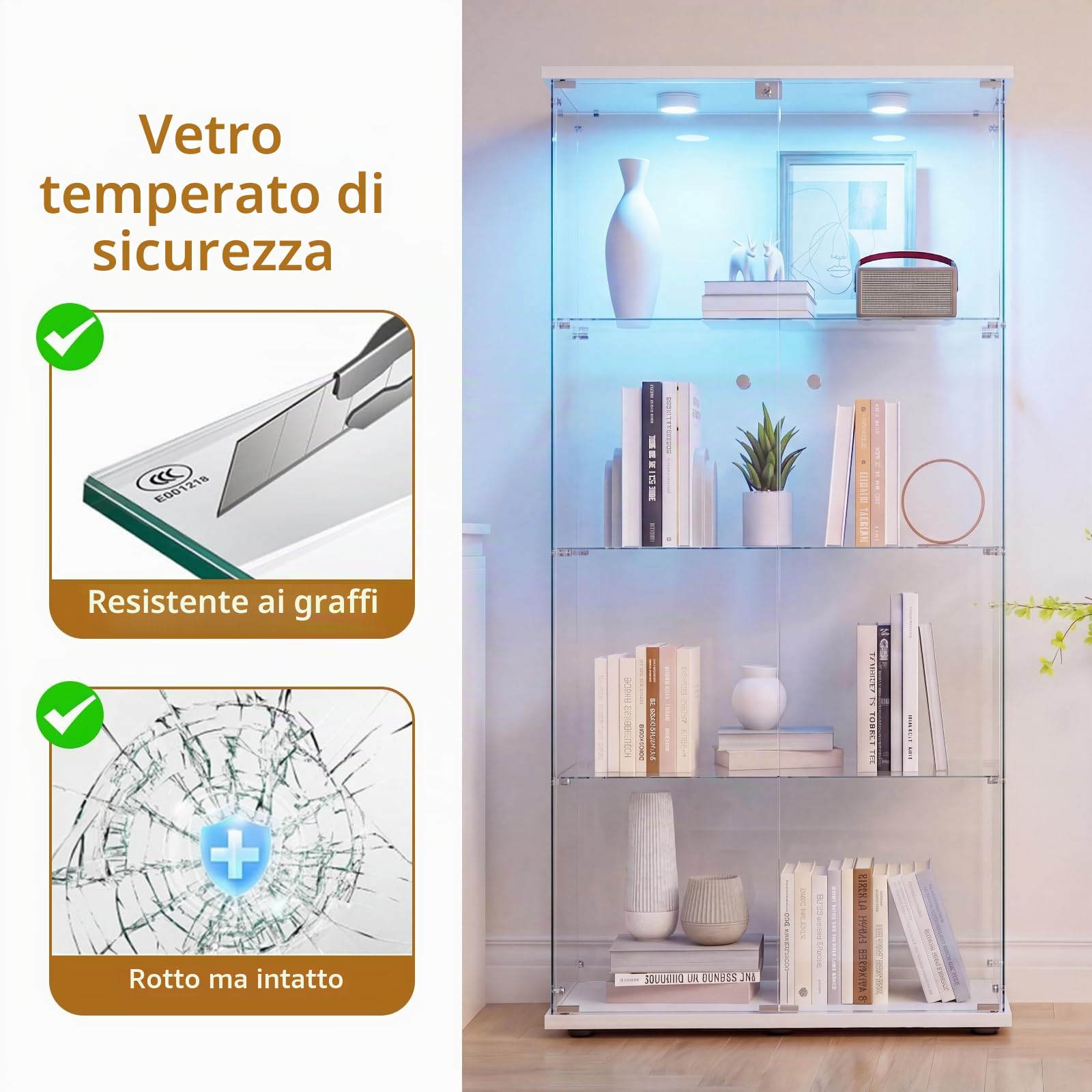 DADEA Vetrina con Specchio, Vetrinetta in Vetro 4 Ripiani 2 Porte, Vetrine in Vetro a Specchio Vetrina Colonna Espositiva Colonna Vetrinetta Casco con LED et Serratura Vetrinette Espositive