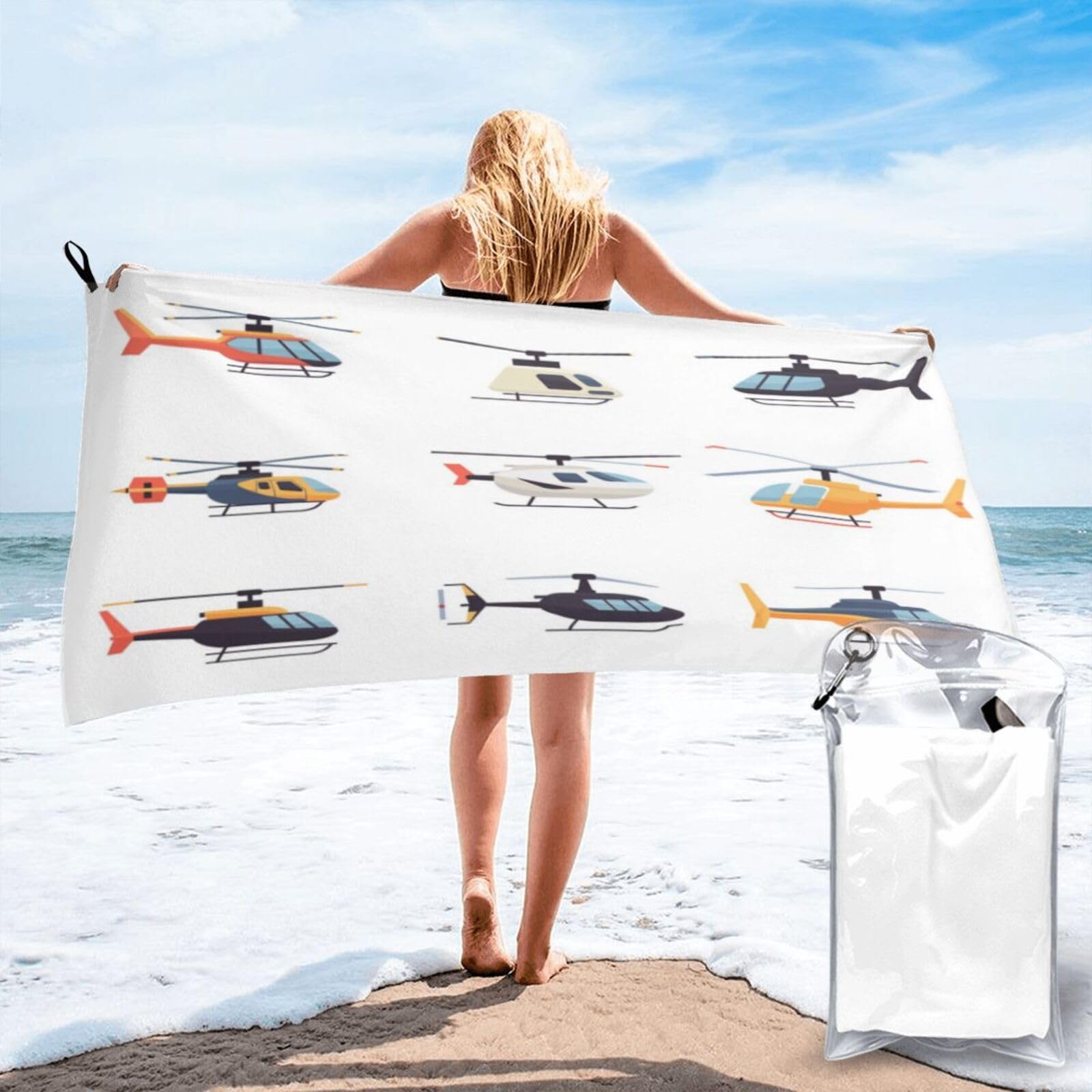 Anceky Digital Illustration of Nine Helicopters Quick Dry Microfiber Travel Towel with Carry Case and Carabiner 27.5"X55"