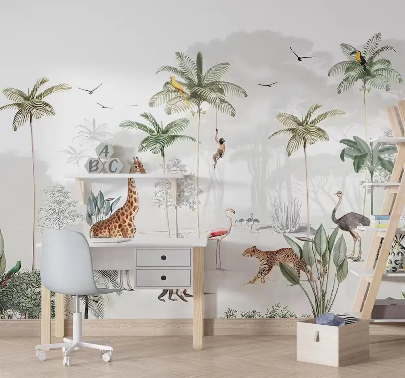 Cartoon Animals Palm Trees Tropical Jungle 3D Wallpaper Easy Install Feature Office Living Room Sofa Bedroom TV Background Wall Decoration-350cm×256cm