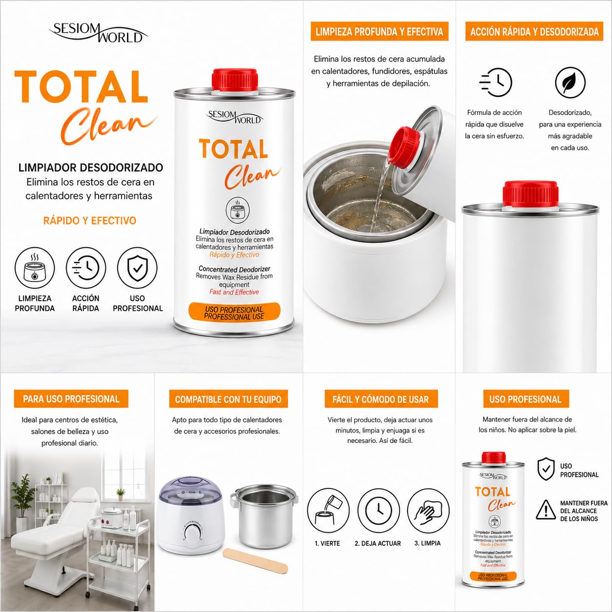 TOTAL CLEAN – Limpiador Desodorizado para Calentadores y Herramientas de Cera Profesional | Eliminador de Restos de Cera