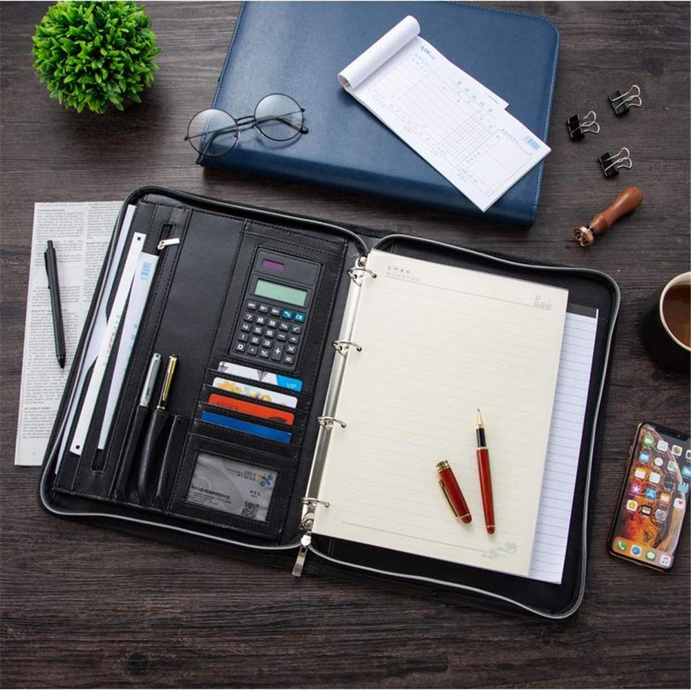 Carpeta de conferencias de cuero para negocios, bolsa A4 con cremallera, carpeta de conferencias con carpeta calculadora para escuela, negocios, viajes, negocios, bolsa de documentos (negro