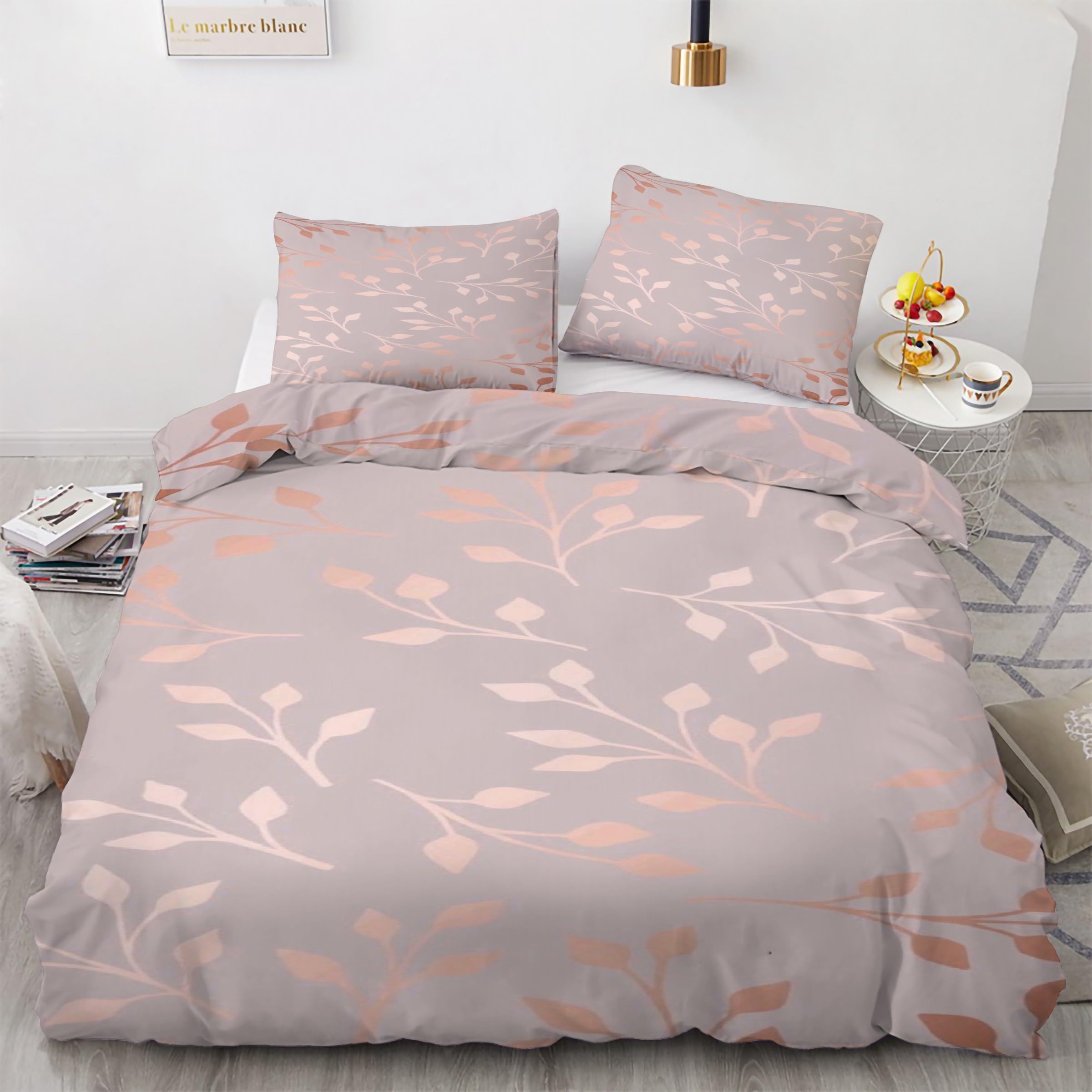 Housse de couette 160x200 rose avec motif feuilles de plantes et taies d'oreiller