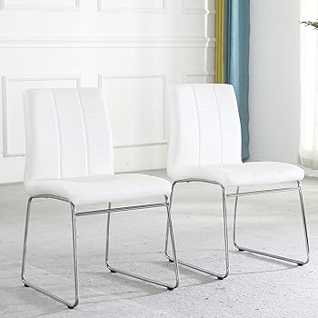 Amazon Com Modern Dining Chairs Set Of 2 Dining Room Chairs With Faux Leather Padded Seat Back In Checkered Pattern And Sled Chrome Legs Kitchen Chairs For Dining Room Kitchen Living Room White