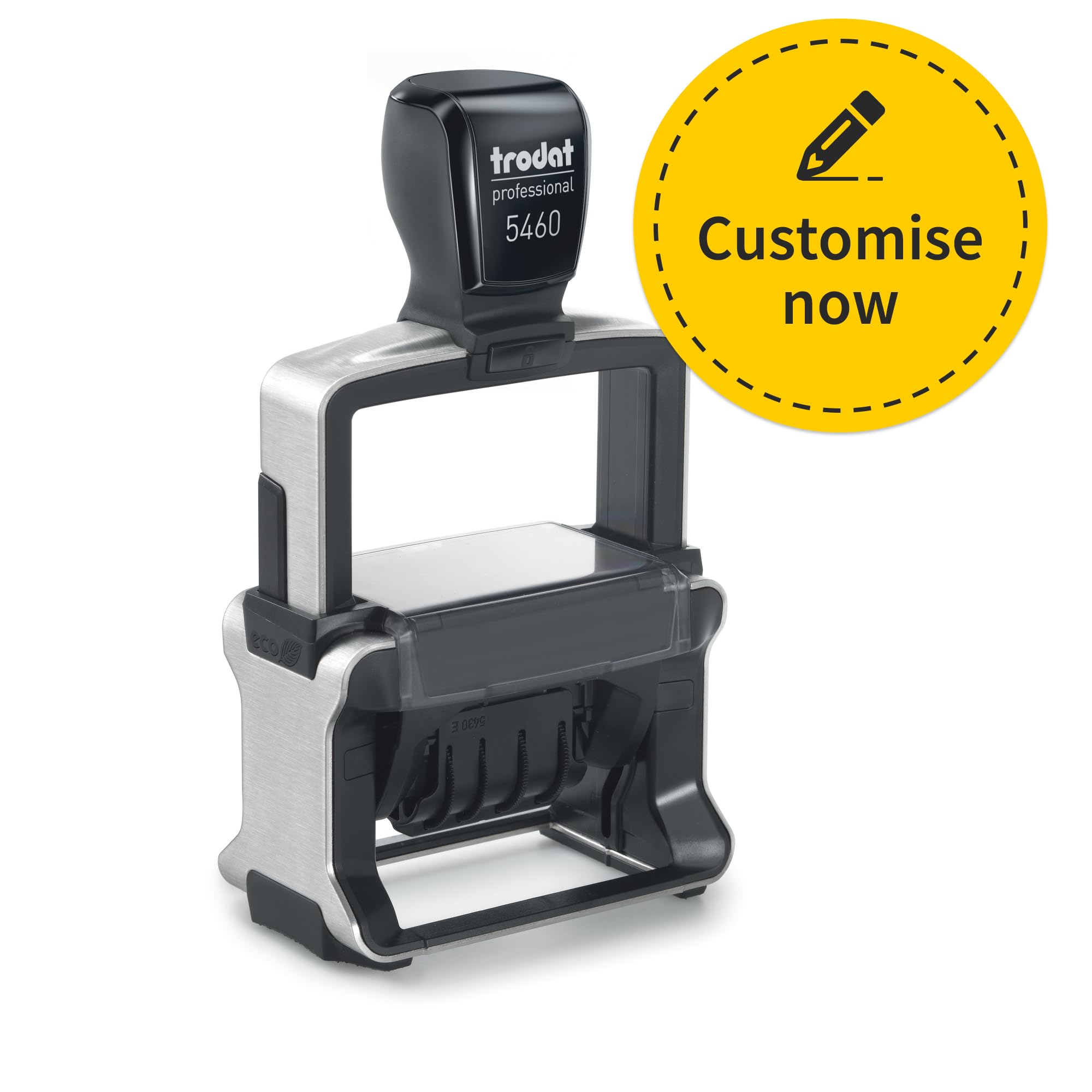 Trodat Professional 5460 - Timbro di testo personalizzabile, con testo e rotolo data, data regolabile fino al 31° dic 2036 (56 x 33 mm | 8 linee)