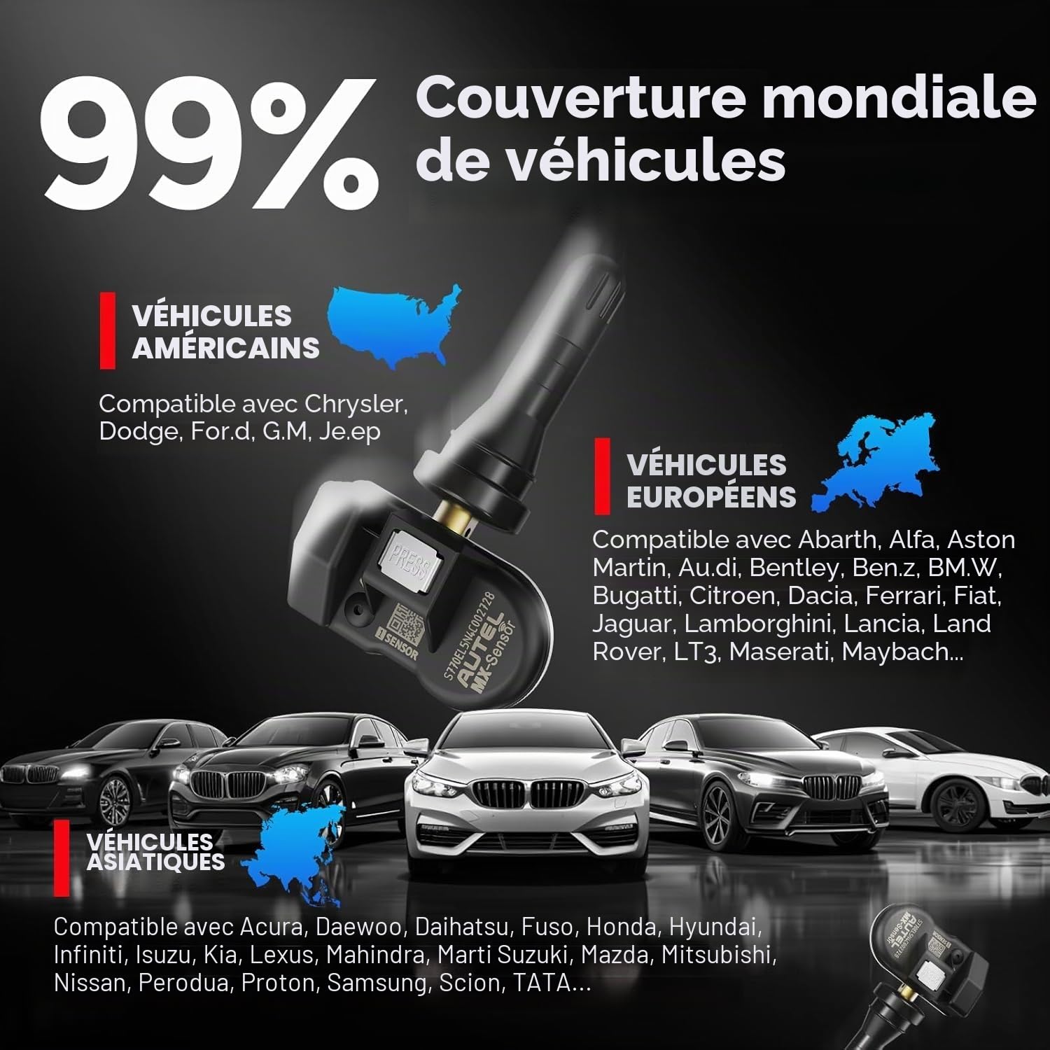 Autel TPMS Sensor MX-Sensor, Double Fréquence Capteurs TPMS pour 99% Voitures, Fonctionne avec TS508WF TS408S TS501Pro TS601, Niveau OE Programmable & Clonable TPMS Sensor (Valve en Caoutchouc, 4PCS)