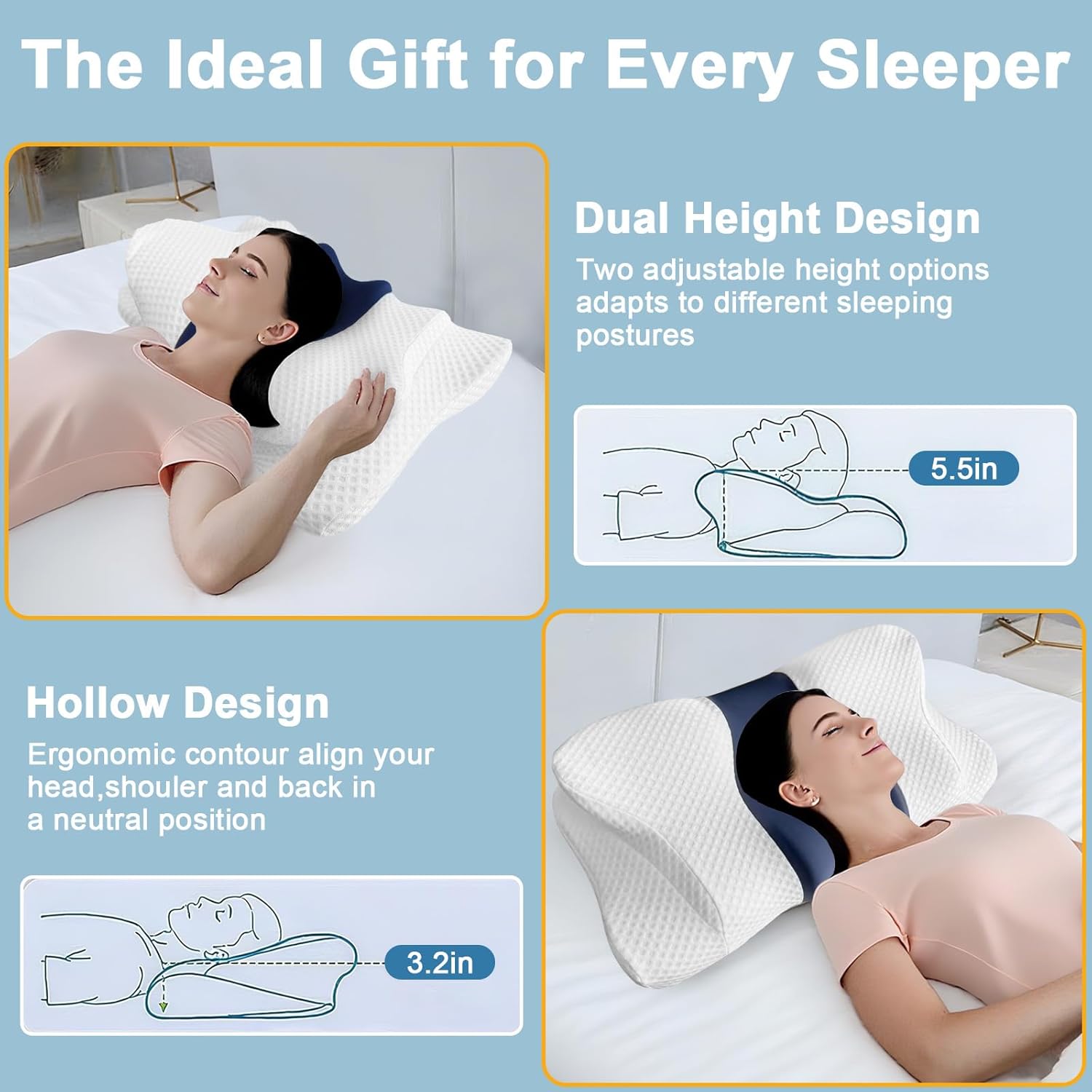 Dual Height 2 in 1 Cervical Neck Pillow for Pain Relief, Cooling Pillows with Breathable Pillowcase, Newly Upgraded Contour Memory Foam Pillow for Side Back Stomach Sleeper