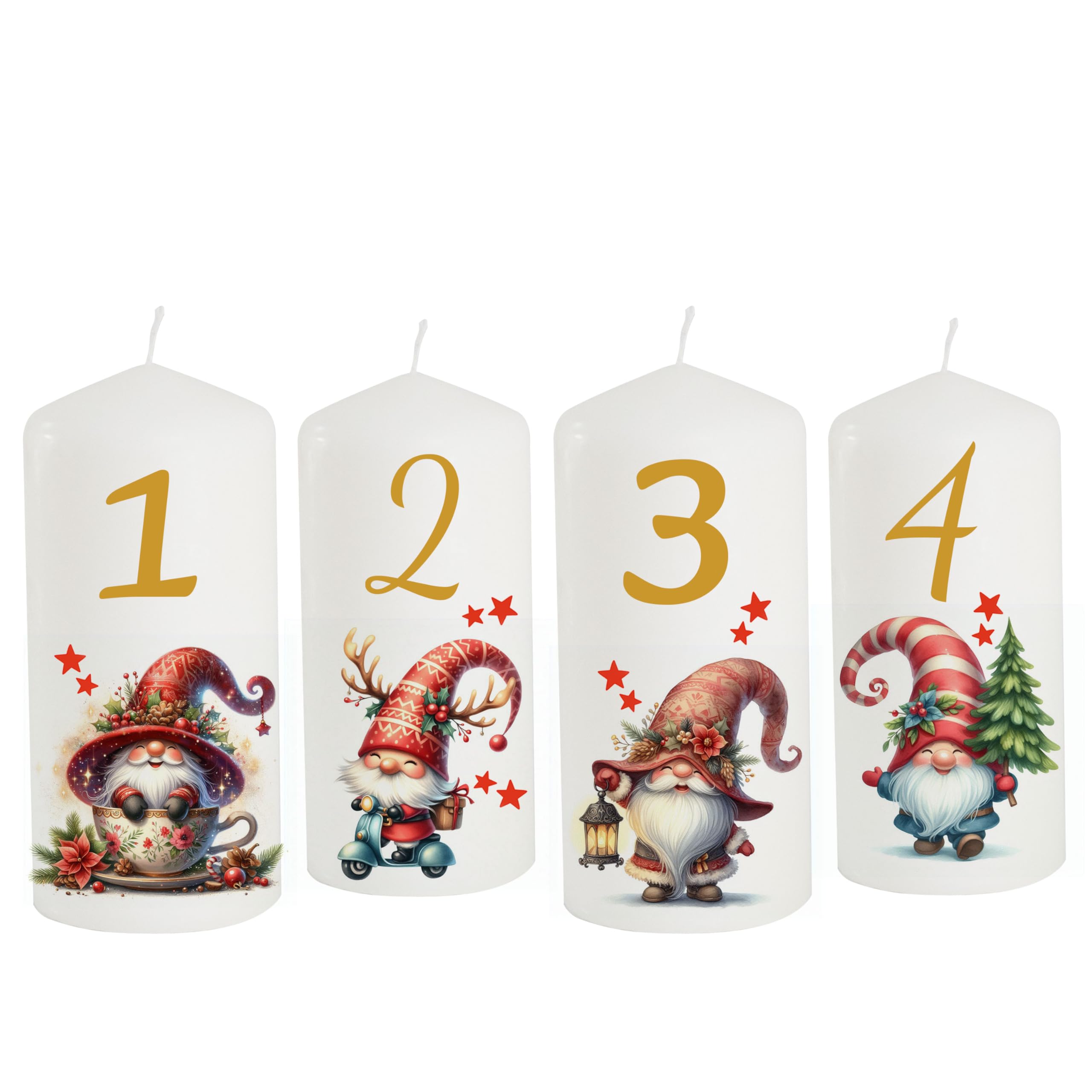 Candela dell'Avvento personalizzata con nome e scritta come decorazione da tavolo, decorazione da tavolo, candela dell'Avvento, regalo amorevole, 4 pezzi, gnomi, durata 35 ore, diametro 6,8 x altezza