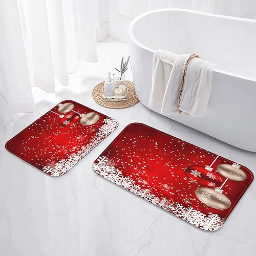 ArtSocket Juego de 2 alfombras y tapetes de baño de Navidad, antideslizantes, bola roja de copo de nieve, tapete de baño de microfibra absorbente de