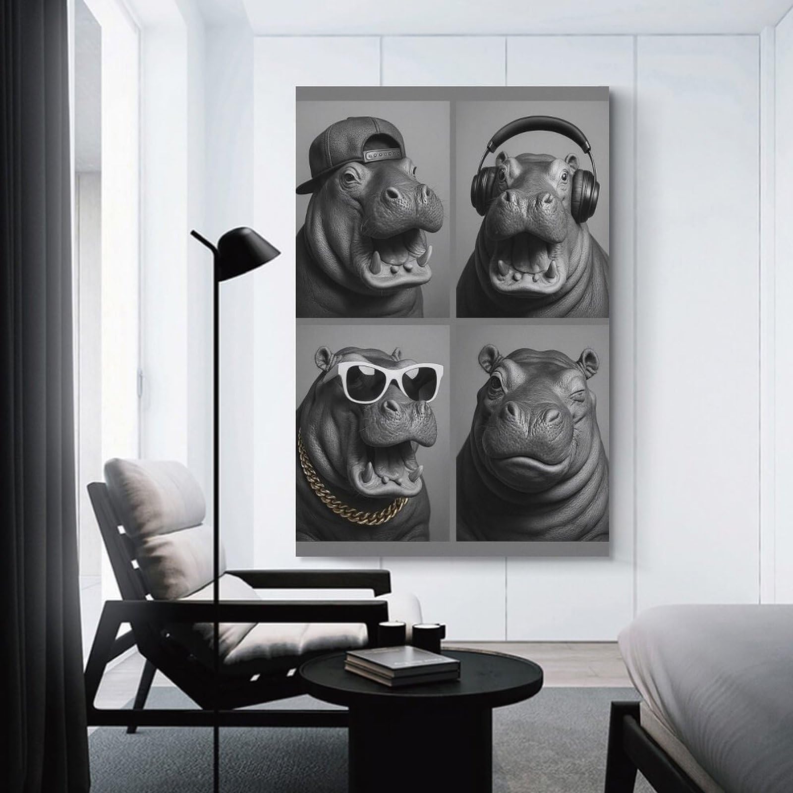 Junmoney Decorative Wall Artwork Hip Hippos in Monochrome, 08x12inch(20x30cm), for Calm Bedrooms, Home Corners Or Flats, An Easy Wall Refresh for Bedrooms
