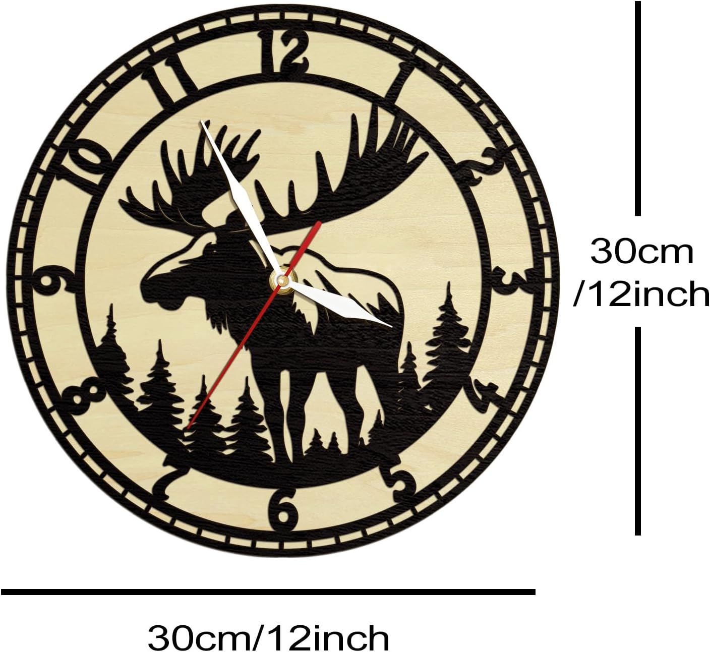 12 Inch Cabin Wood Moose Wall Clock, Farmhouse Antlers Wooden Wall Clock Forest Wildlife Mountain Lodge Decorative Rustic Clock Battery Operated Silent for Bedroom Kitchen