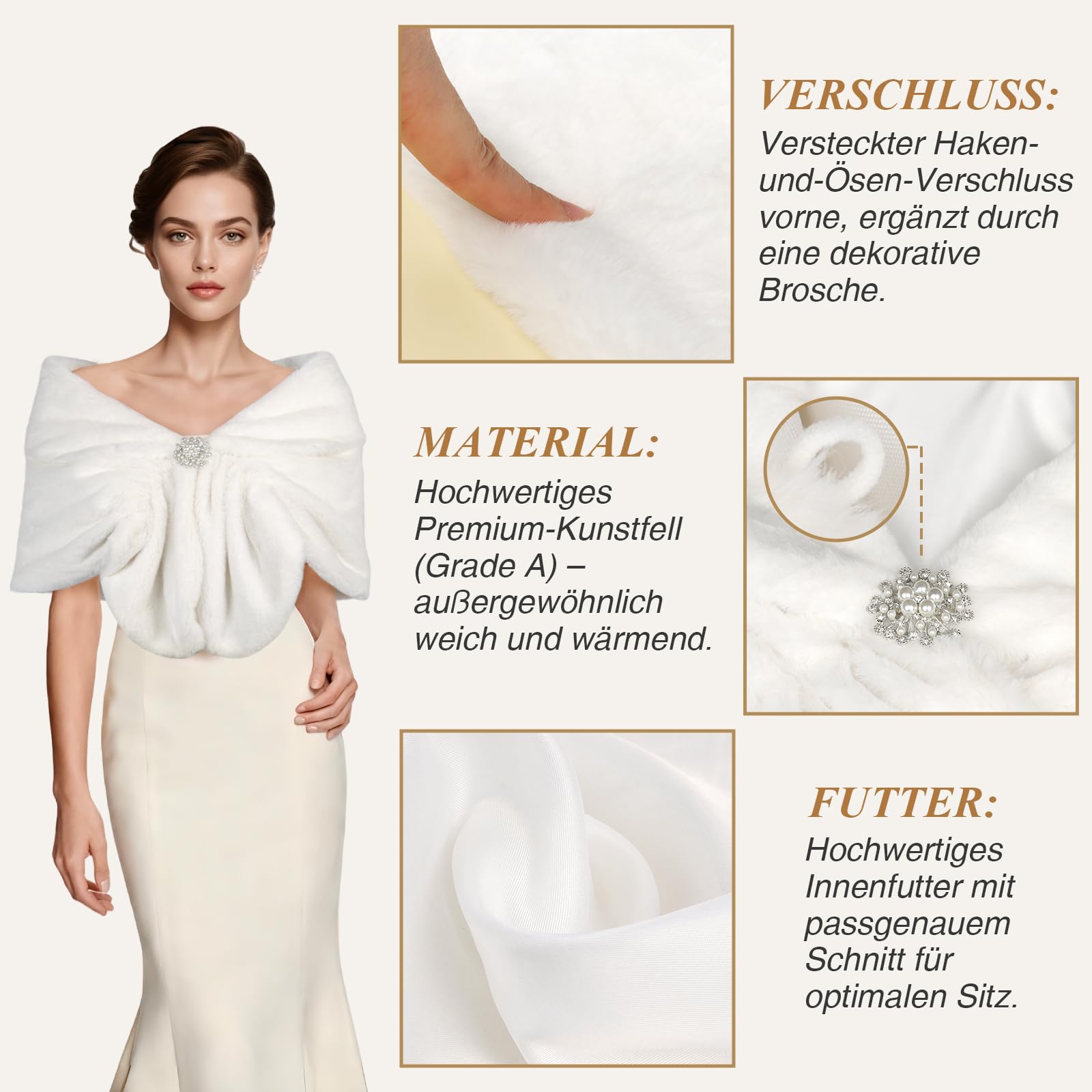 Kunstfell-Stola für Frauen,Elegante Brautstola mit Brosche für Hochzeit, Abendkleid & Party, Flauschige weiße Abendcape für Braut, Brautjungfern & Cheongsam (Einheitsgröße)