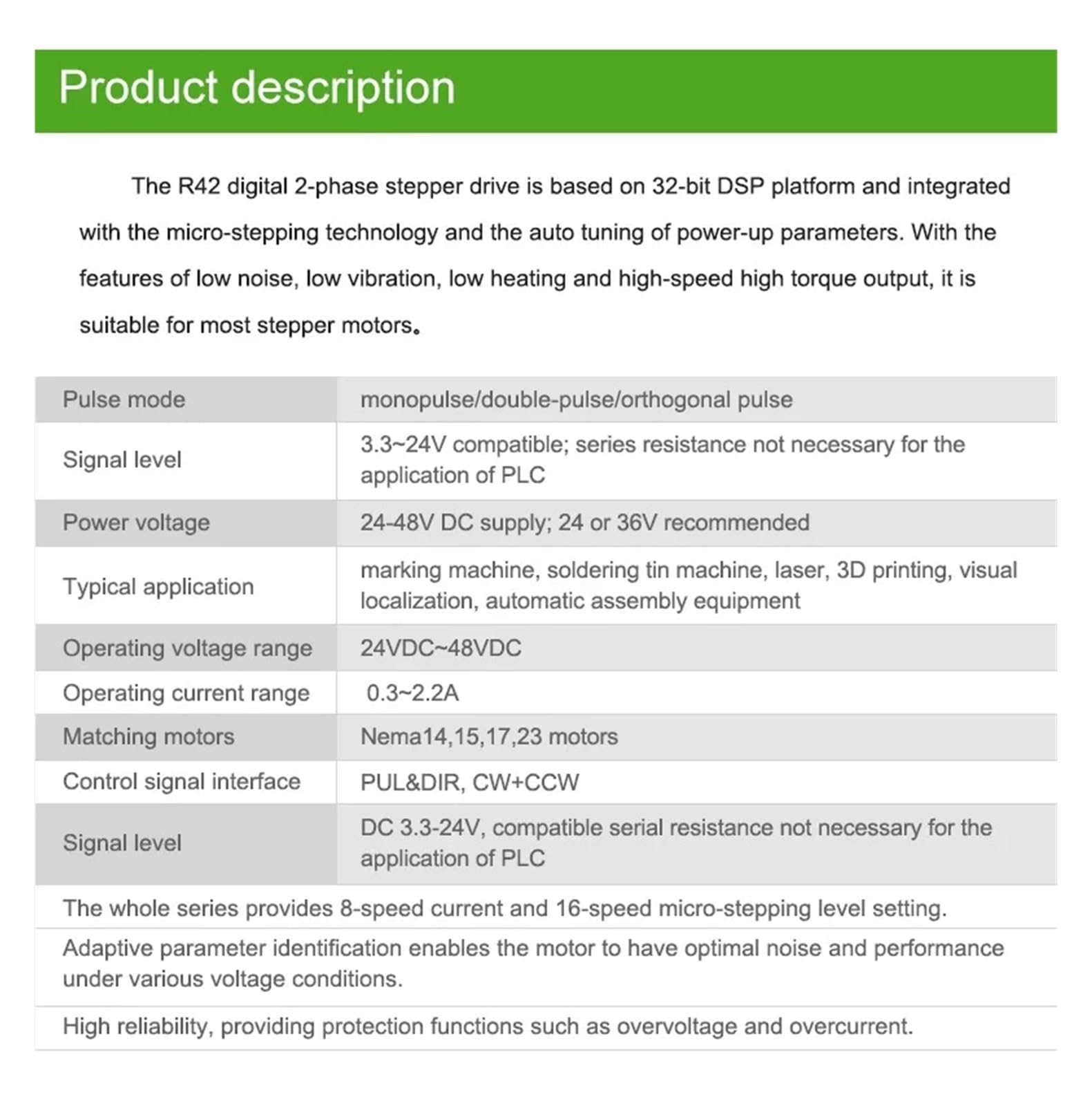 Nema17 24-48VDC R42 2-Phasen-Digital-Schrittmotor-Mikrotreiber-Schrittmotor-Controller