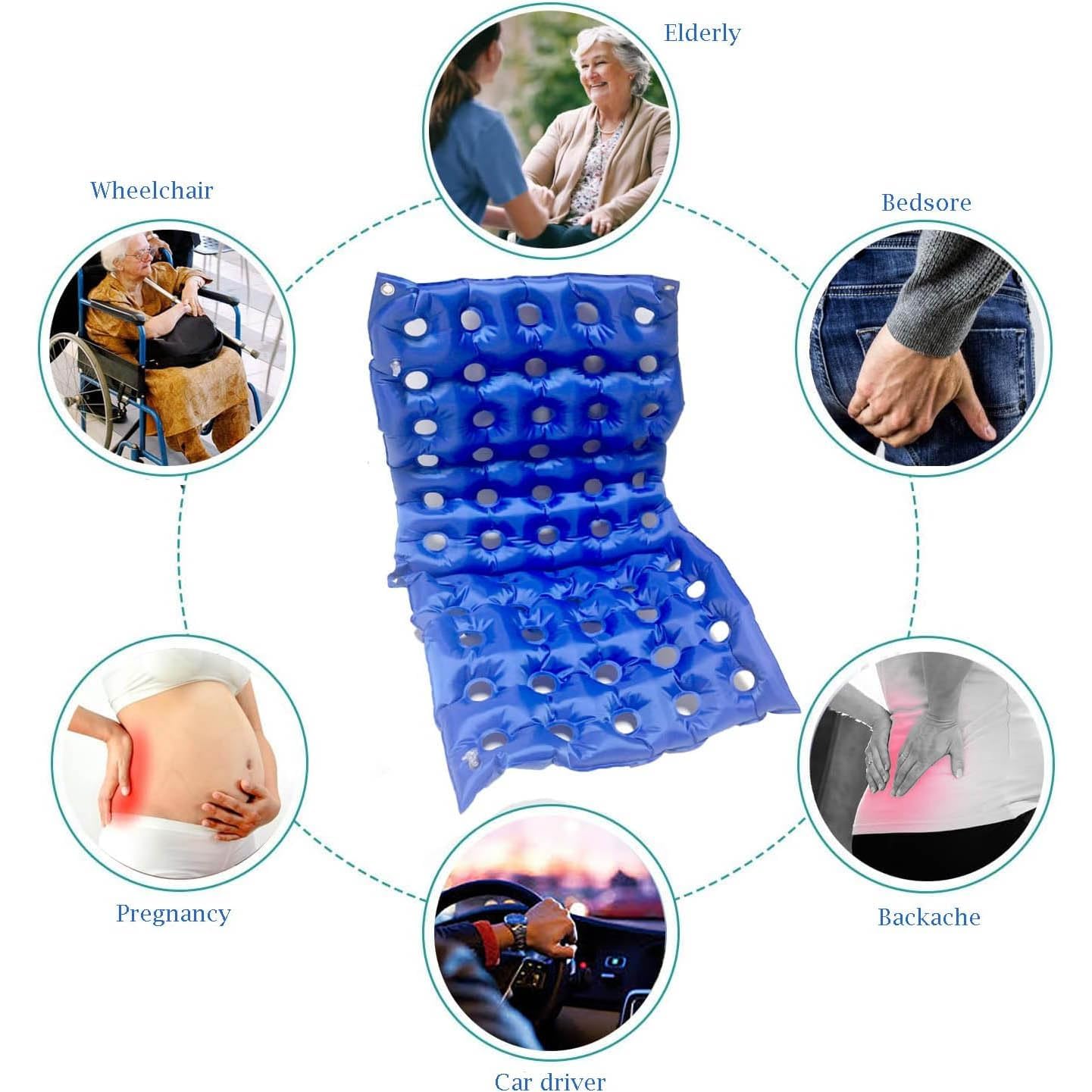 COYEUX Cuscino Anti-decubito, Cuscino Gonfiabile con 55 Fori, Materasso Gonfiabile reclinabile, Portata 75 kg, con Pompa ad Aria, per Sedia a rotelle, Sollievo dal Dolore al coccige, Ufficio, Auto