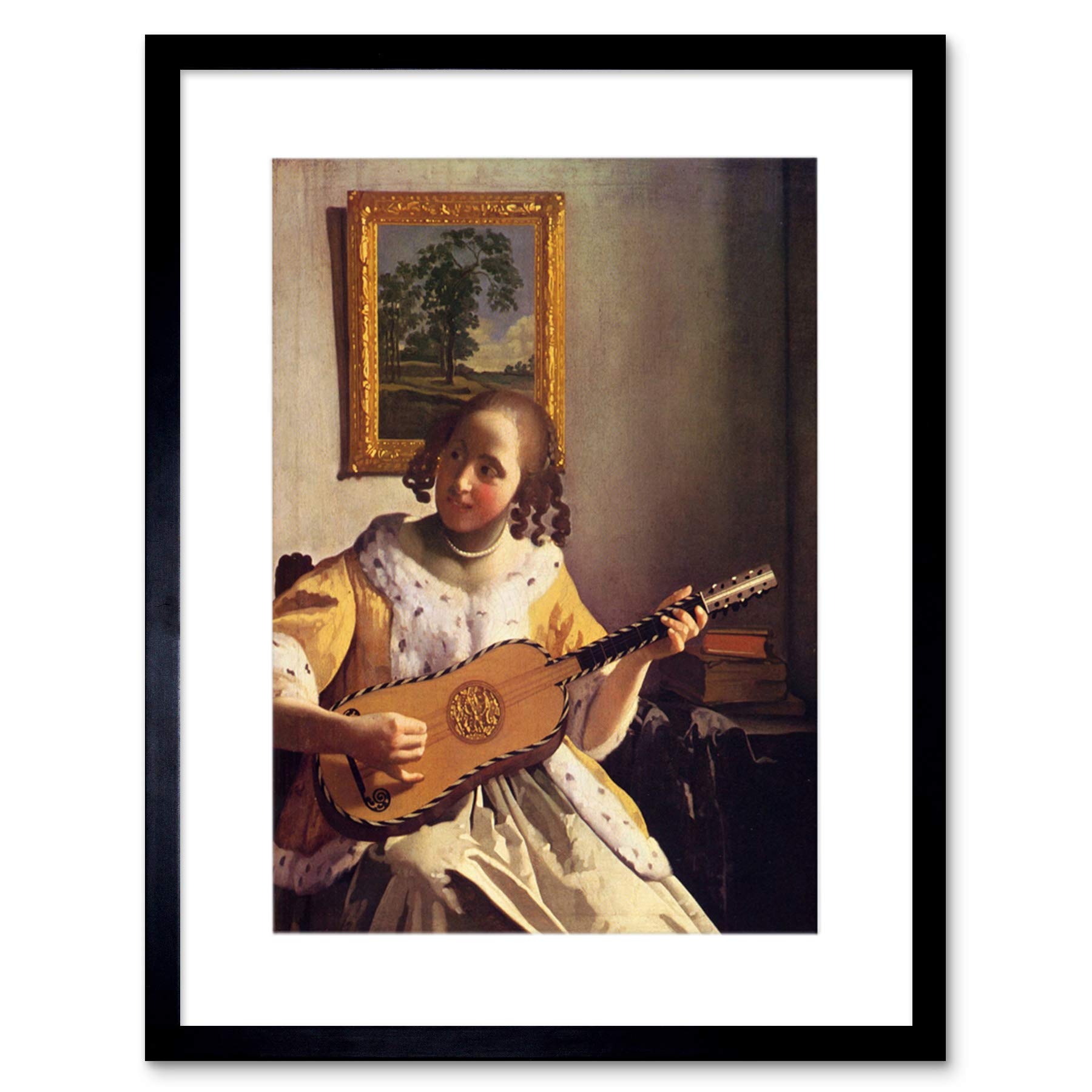 Wee Blue Coo Black Painting Vermeer Guitar Player Old Master Framed Wall Art Print