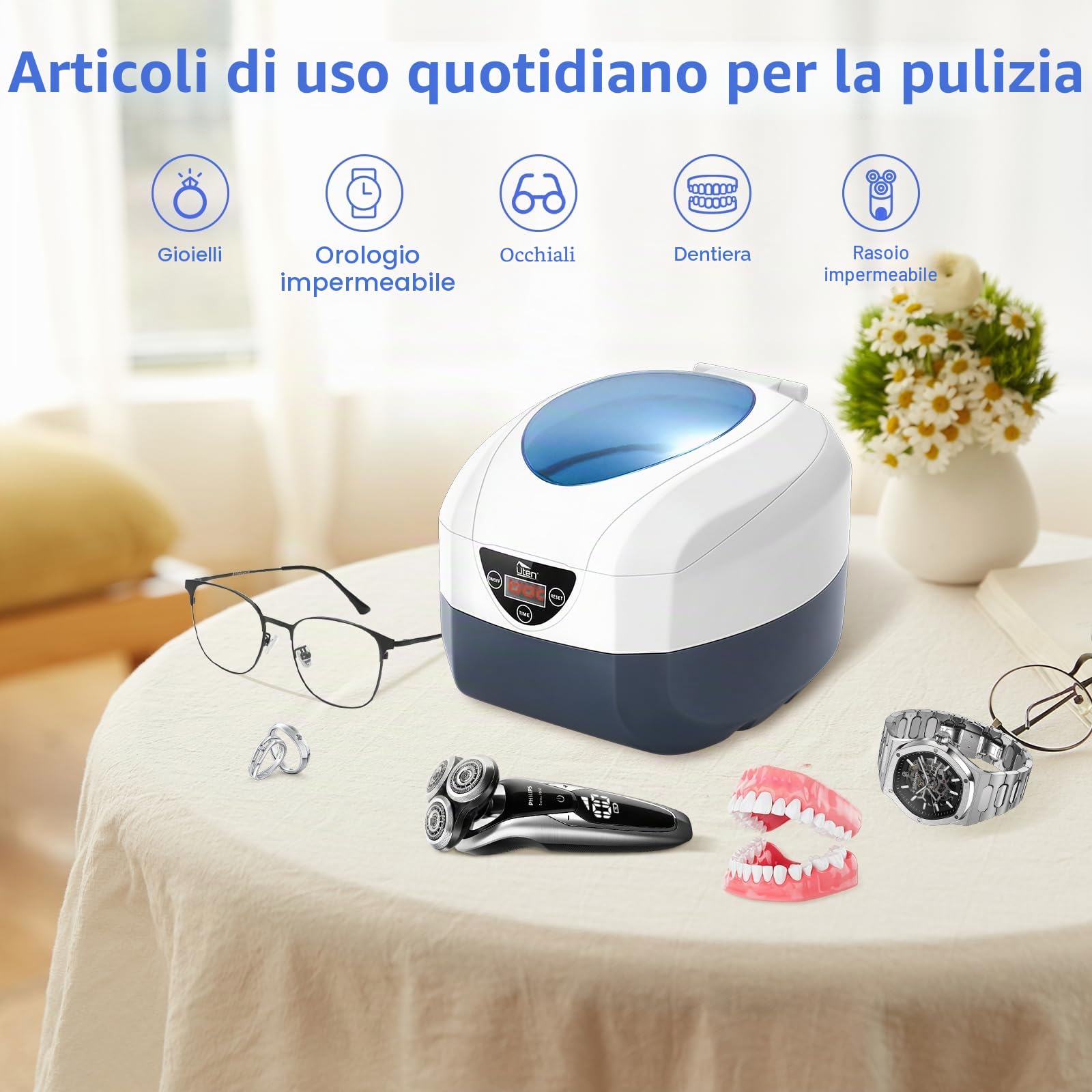 Uten Pulitore ad Ultrasuoni Professionale, Macchina ad Ultrasuoni per Pulizia, Vasca da Bagno in Acciaio Inossidabile da 750 ml, per Pulire Gioielli, Occhiali, Orologi, Strumenti, ecc