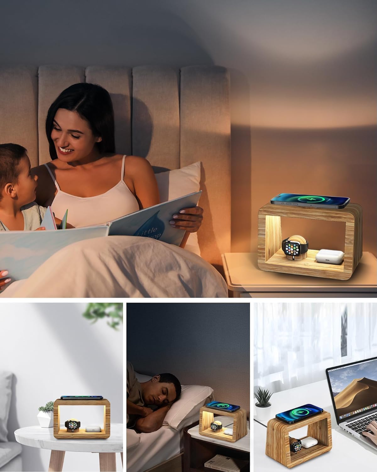 Bamboo Wireless Charging Station with Night Light, 3 in 1 Charging Station for iPhone 17/16/15/14/13/12/11 Pro Max/X/Xs, AirPods 4/3 & AirPods Pro 3/2/1/, Apple Watch Series