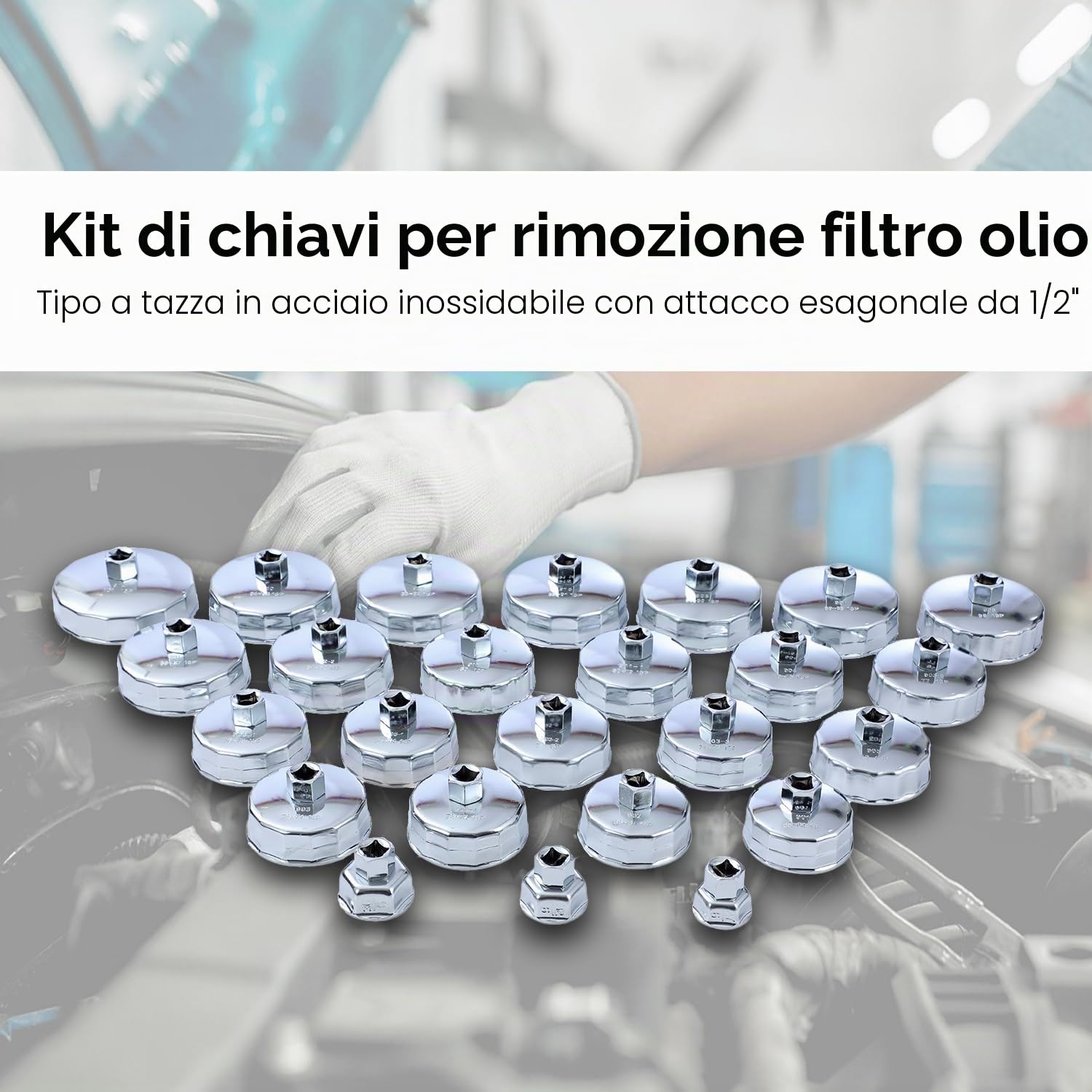 TOPWAY 25 Pezzi 1/2" Set di Chiavi per Filtro Olio in Acciaio Inossidabile Chiavi a Bussola per Filtro dell’Olio per Garage Auto Riparazione con Custodia