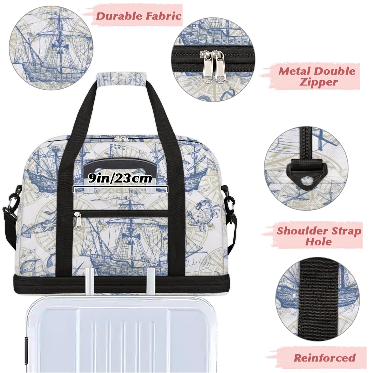 Old Sailboat Monster Maps - Bolsa de viaje plegable de 47 L, bolsa de fin de semana con funda de carrito para hombro, bolsa de hombro separada para deportes, gimnasio, viajes, multicolor, 47L, Bolsa
