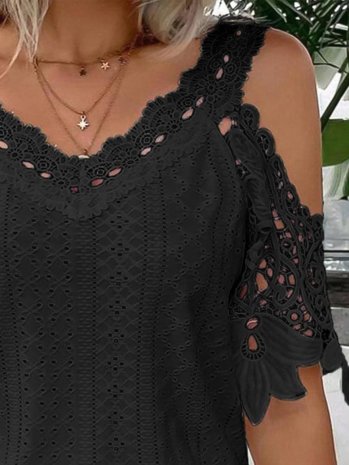 Flamingals Women's Cold Shoulder Eyelet Short Sleeve Hollow Out Lace Floral Sleeveless Blouse Top - Image 3