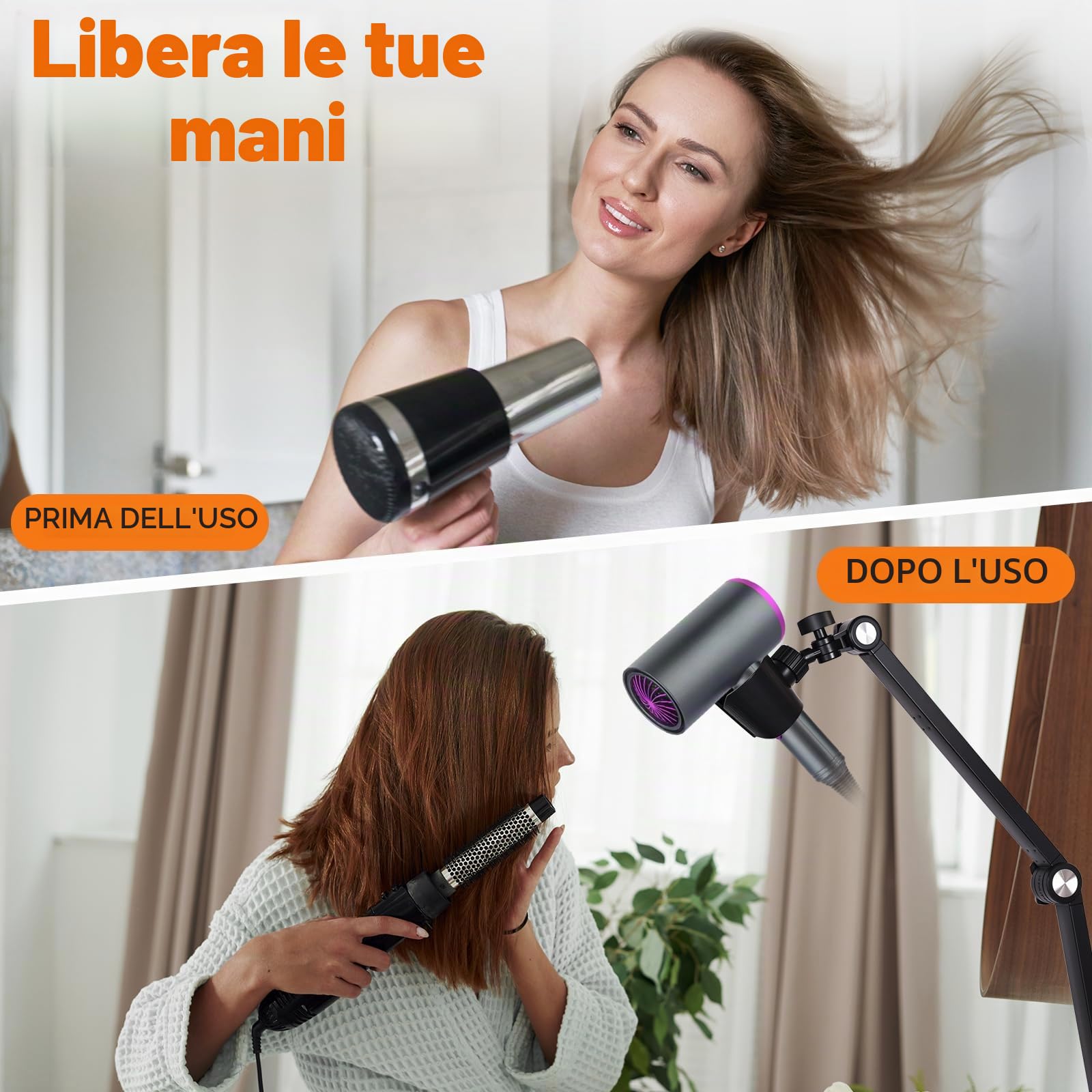 Hivexagon Supporto a Morsetto per asciugacapelli - Supporto Regolabile Multi-angolazione, Braccio in Lega di Carbonio, Base in plastica, Consente di asciugare i Capelli a Mano Libera