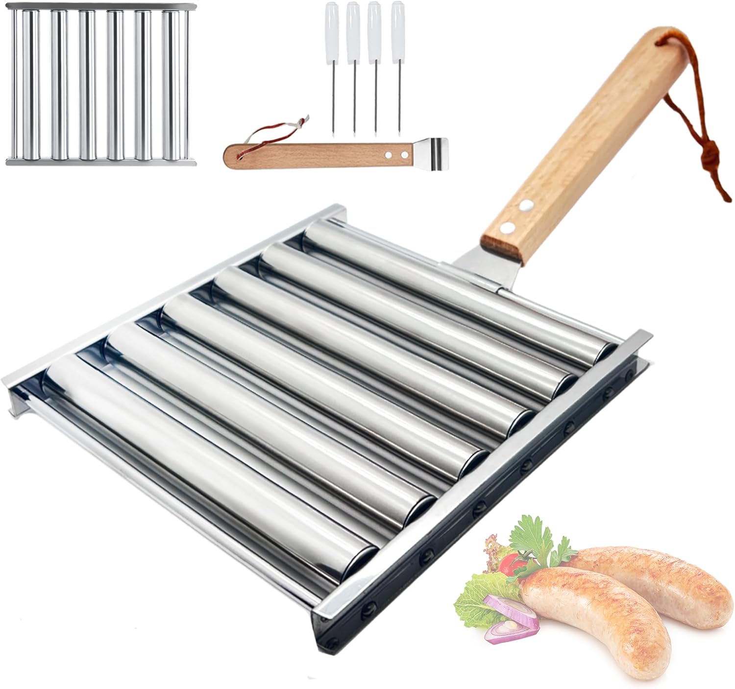 Hot Dog Roller for Grill, Innovative Stainless Steel Grill Hot Dog Roller with Removable Wooden Handles, Ideal for Parties and Outdoor Grilling Portable Barbecue Essentials Tools