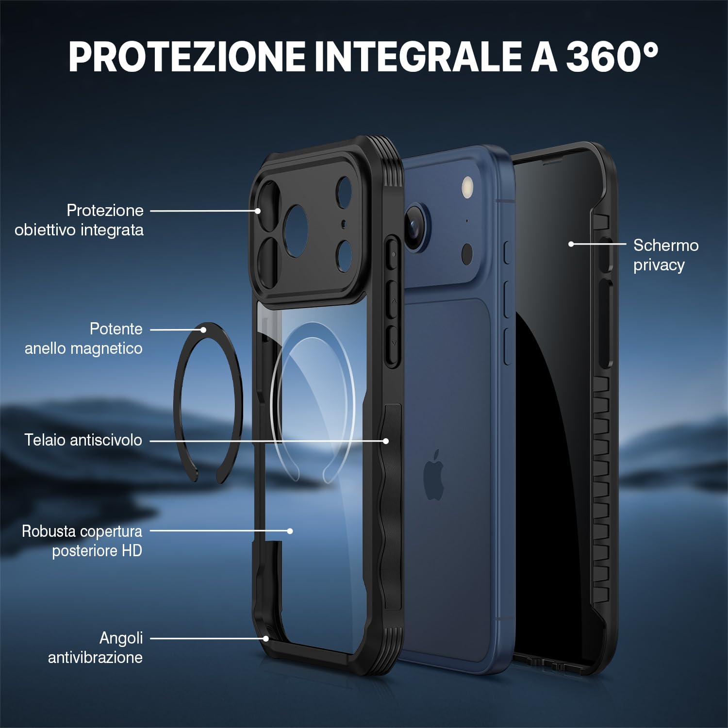 CENHUFO Magnetica Privacy Cover iPhone 17 Pro Max [Compatibile con Magsafe] Integrata Vetro Temperato Anti Spia Schermo e Protezione Fotocamera, Custodia Antiurto 360 Gradi Doppia Faccia Case -Nero