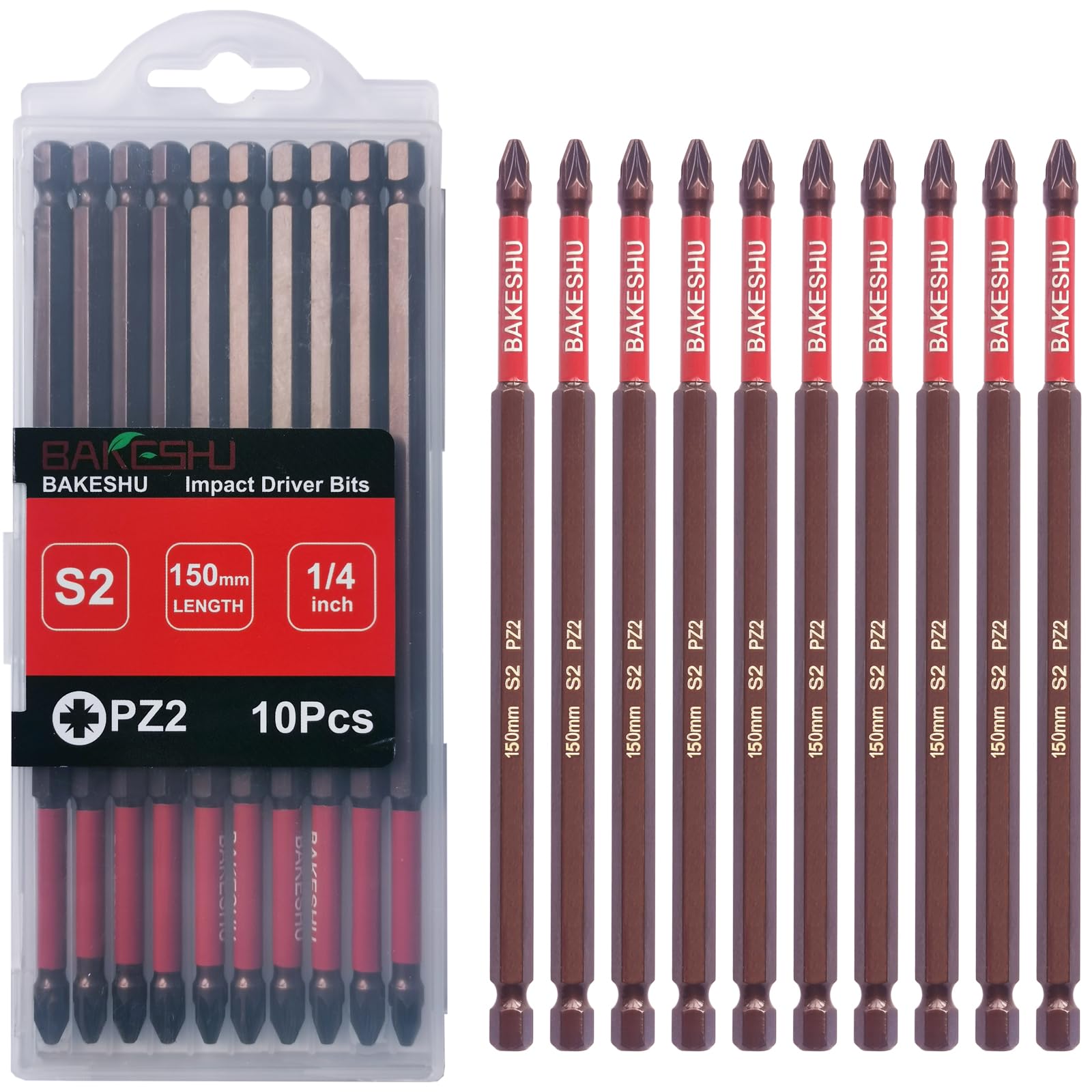 BAKESHU Pozidriv PZ2 Magnetic Impact Driver Bits, Heavy Duty Magnetic Screwdriver Bit Set,S2 Bits 150mm(10pcs)