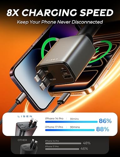 Miniatura 4 de LISEN - Cargador retráctil para automóvil, adaptador de cargador de automóvil USB C de 69 W, carga rápida para iPhone 16, 15, 14, 13, 12, Samsung,