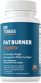 Dr. Tobias Fat Burner Nightly - Night Time Metabolic Support with White Kidney Bean Extract, Ashwagandha Root, Green Coffee Bean Extract & Melatonin | Non-GMO 60 Capsules 30 Day Supply