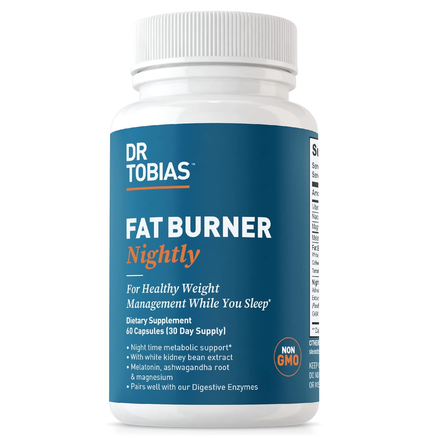 Dr. Tobias Fat Burner Noturno: Suporte Metabólico com Extrato de Feijão Branco, Raiz de Ashwagandha, Extrato de Grãos de Café Verde e Melatonina, 60 Cápsulas