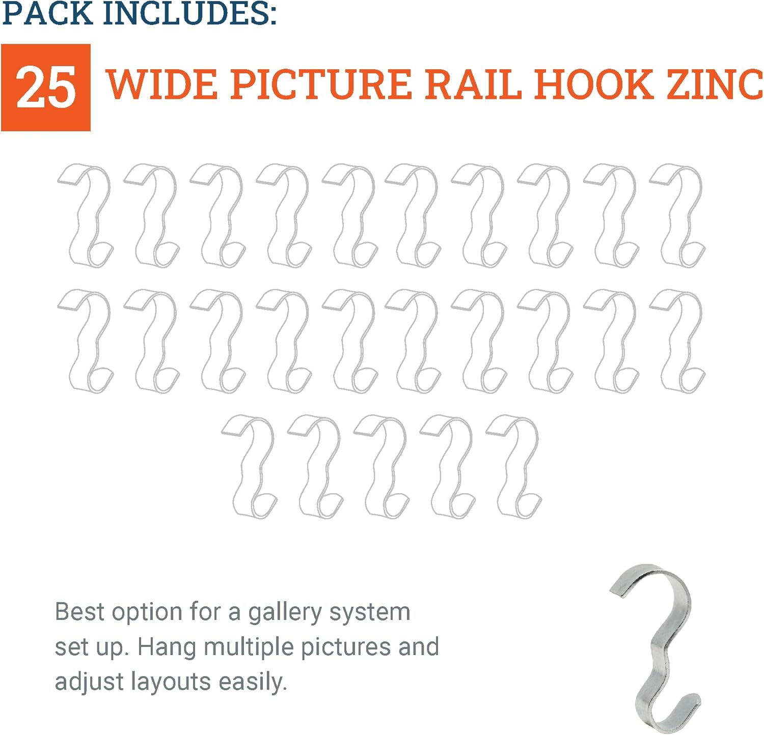 Picture Rail Hooks Silver Finish - 25 Pack - Picture Rail Hangers - Wide Molding Hooks