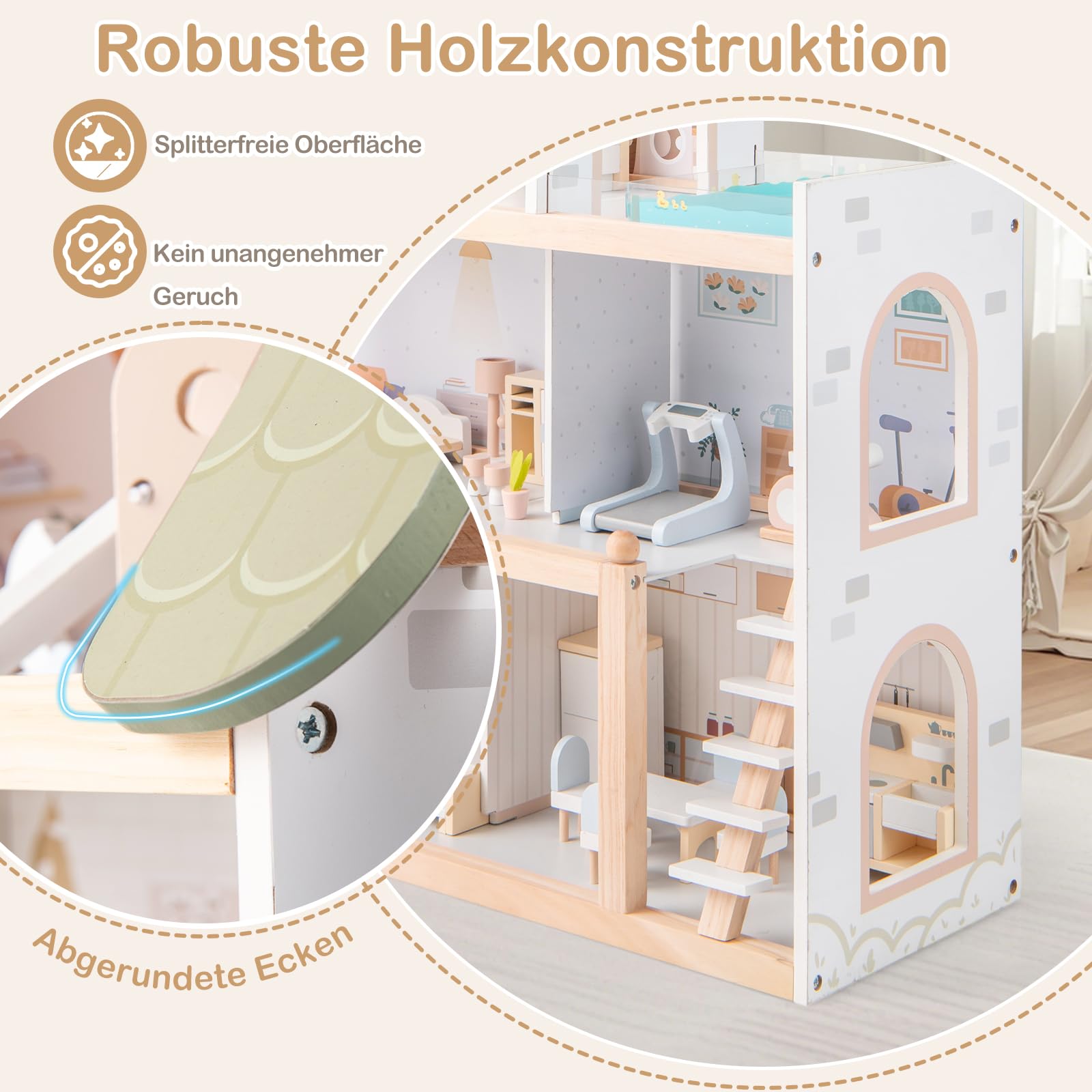 GOPLUS Drewniany domek dla lalek, domek dla lalek z 33 realistycznymi akcesoriami i meblami, 6 pokoi, balkon z basenem, 4-poziomowa willa marzeń, domek na zabawki o wysokości 80 cm dla dziewczynek i