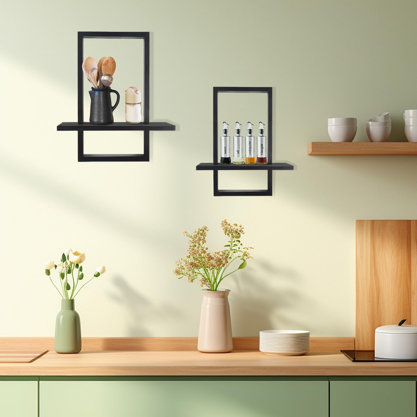 YiYa 2 Pcs Wood Shelves for Wall Decor Modern Boho Wall Shelf Wood Floating Shelf Bohemian Hanging Shelf Display Shelving for Hanging Plants Photo for Living Rooms Bathroom (Black) - Image 2