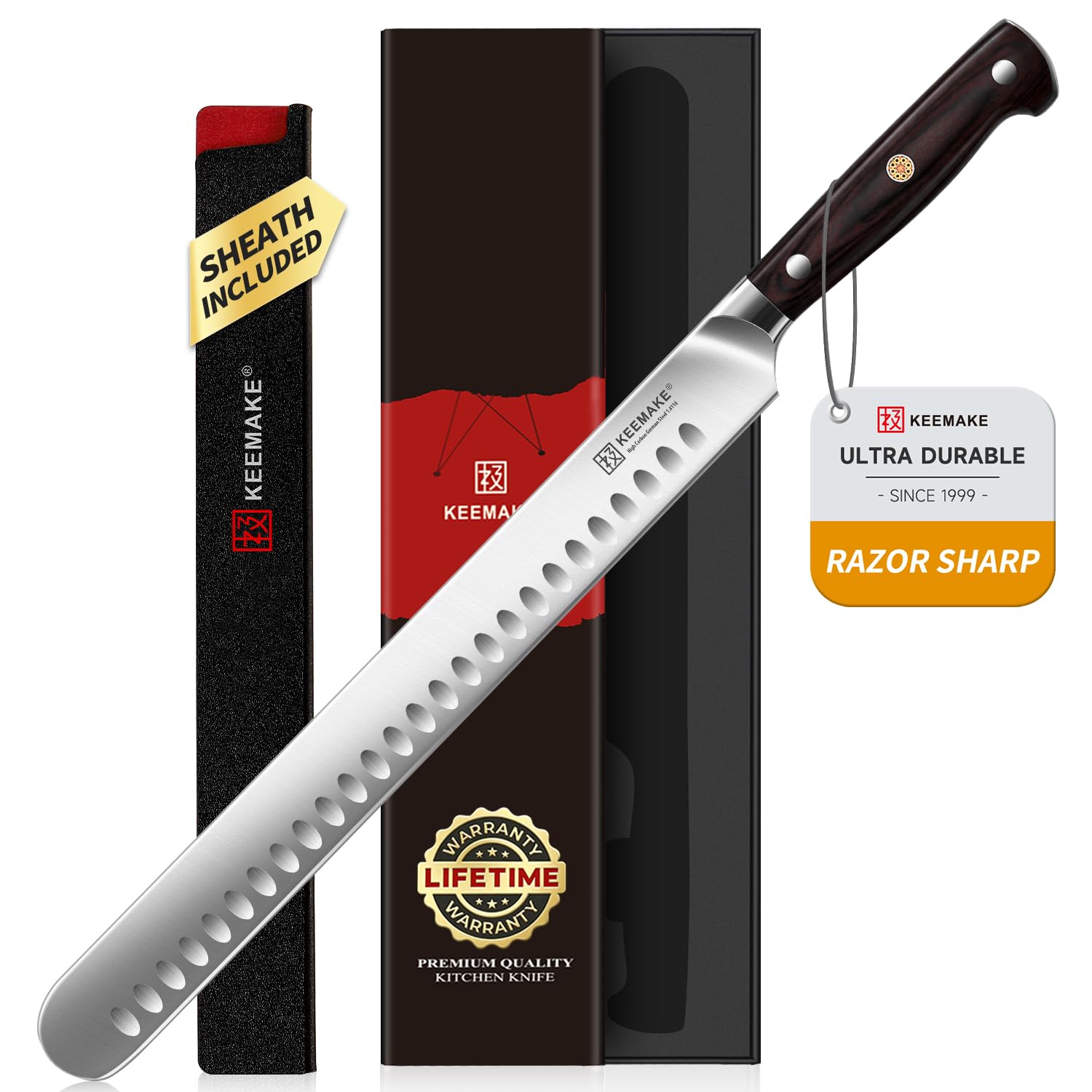 KEEMAKE 12" Carving Knife for Brisket & BBQ, High-Carbon Stainless Steel
